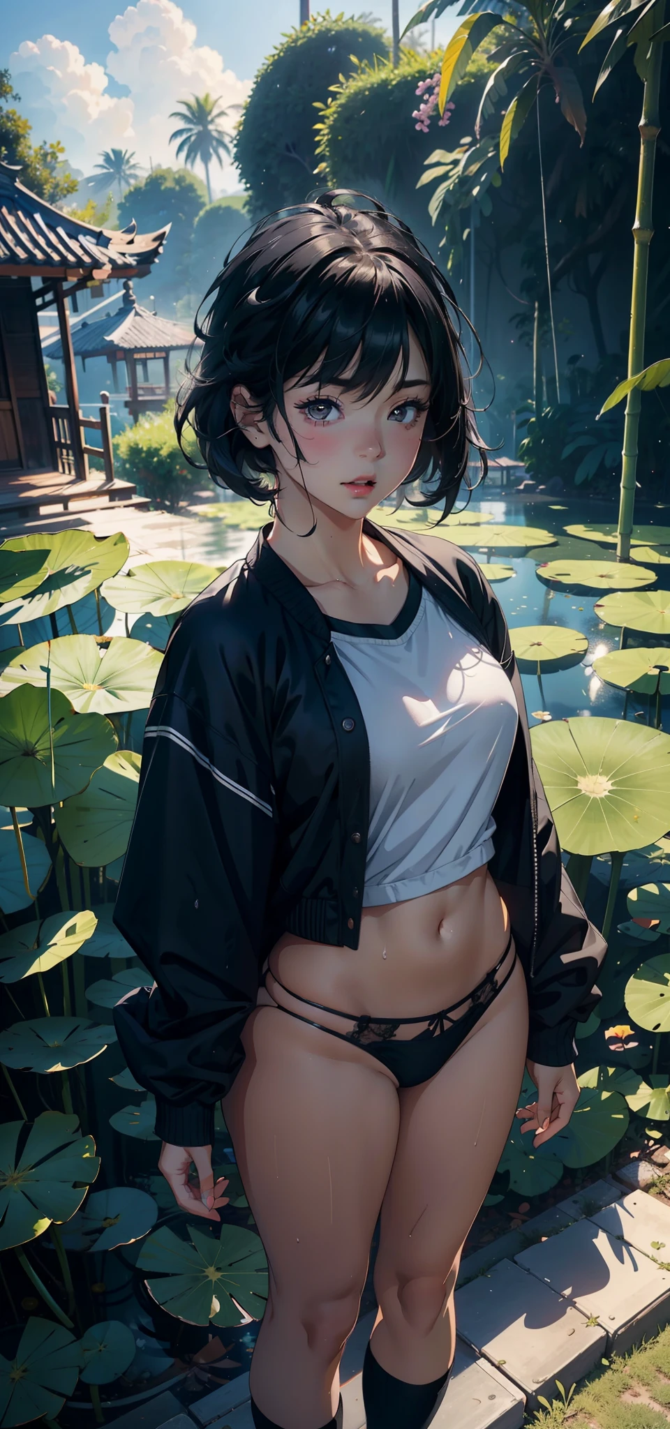 3 females,,bit girl,Small loli,huge-bted,Pornographic exposure, 独奏,(Background with:bamboo forrest,lotuses,lotus flower,exteriors,Lotus pond) She has short black hair,Qi bangs,Doll head,standing on your feet,Sweat profusely,drenched all over the body,3 women sleeping side by side on their backs on the grass,seen from the front, hair straight, mostly cloudy sky,(((tmasterpiece),(Very detailed CG unity 8K wallpaper),best qualtiy,cinmatic lighting,detailed back ground,beatiful detailed eyes,Bright pupils,Black eyes,(Very fine and beautiful),(Beautiful and detailed eye description),ultra - detailed,tmasterpiece,)),facing at camera,A high resolution,ultra - detailed),revealing breasts,Bare genitalia, Bulge,legs are open,Raised sexy,Camel toes,Flushed complexion,Open-mouthed,frontage,elementary student,(Black baseball jacket,Sailor uniform,White panties,black sneaker shoes,nakeness)