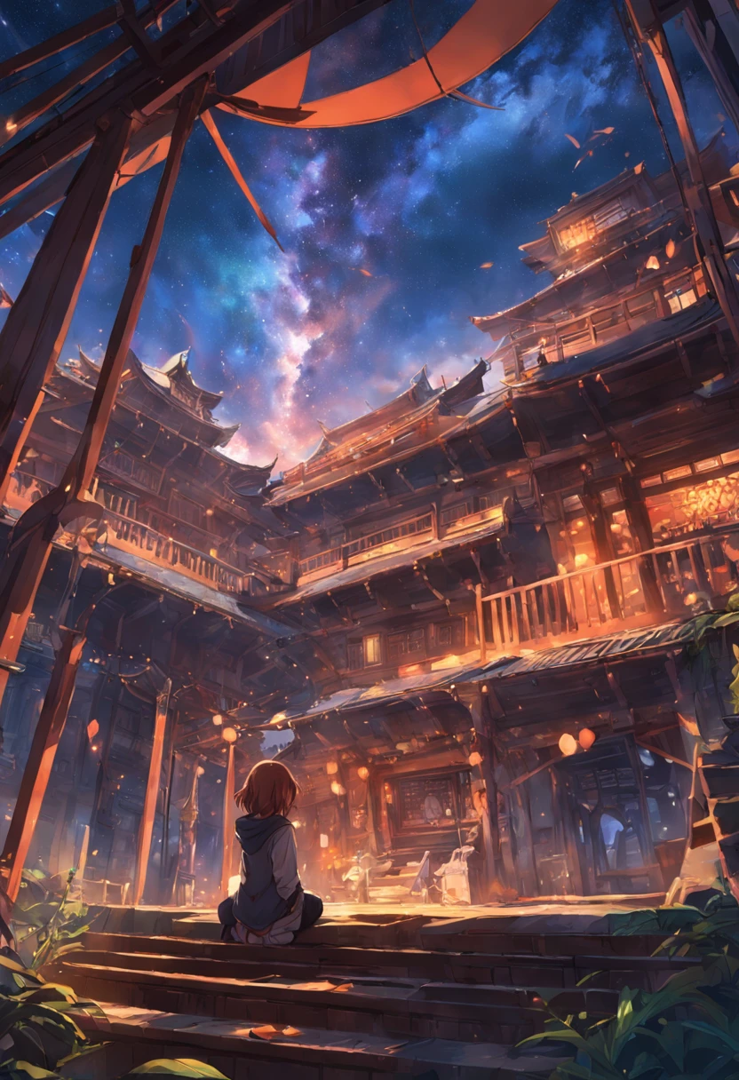 1 Outdoor girls, late, starrysky, in a panoramic view, Wild landscape, horizon, the roof, sitting on rooftop, ventania,(wide angles,Ultra HD details,Masterpiece, hyper HD, Super detail, High details, Best quality, A high resolution, Award-Awarded, 8K),(电影灯光)