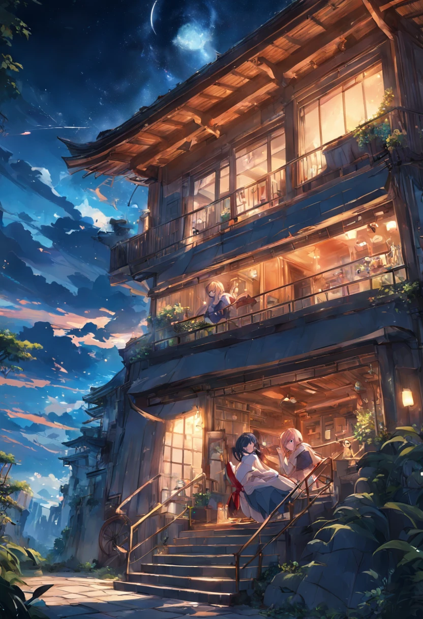 1 Outdoor girls， late， starrysky， in a panoramic view， Wild landscape， horizon， the roof， sitting on rooftop， ventania，（wide angles，Ultra HD details，Masterpiece, hyper HD, Super detail, High details, Best quality, A high resolution, Award-Awarded, 8K），（电影灯光）