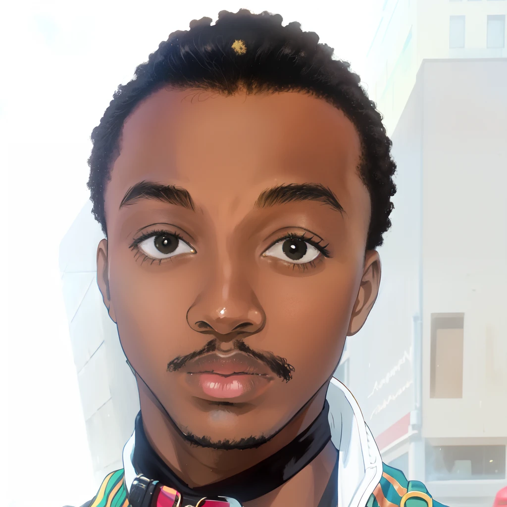 African man in a black leather jacket and sunglasses standing in front of a building, with a cool pose, stylish pose, mid shot portrait, casual pose, in style of davey adesida, 80s style anime.