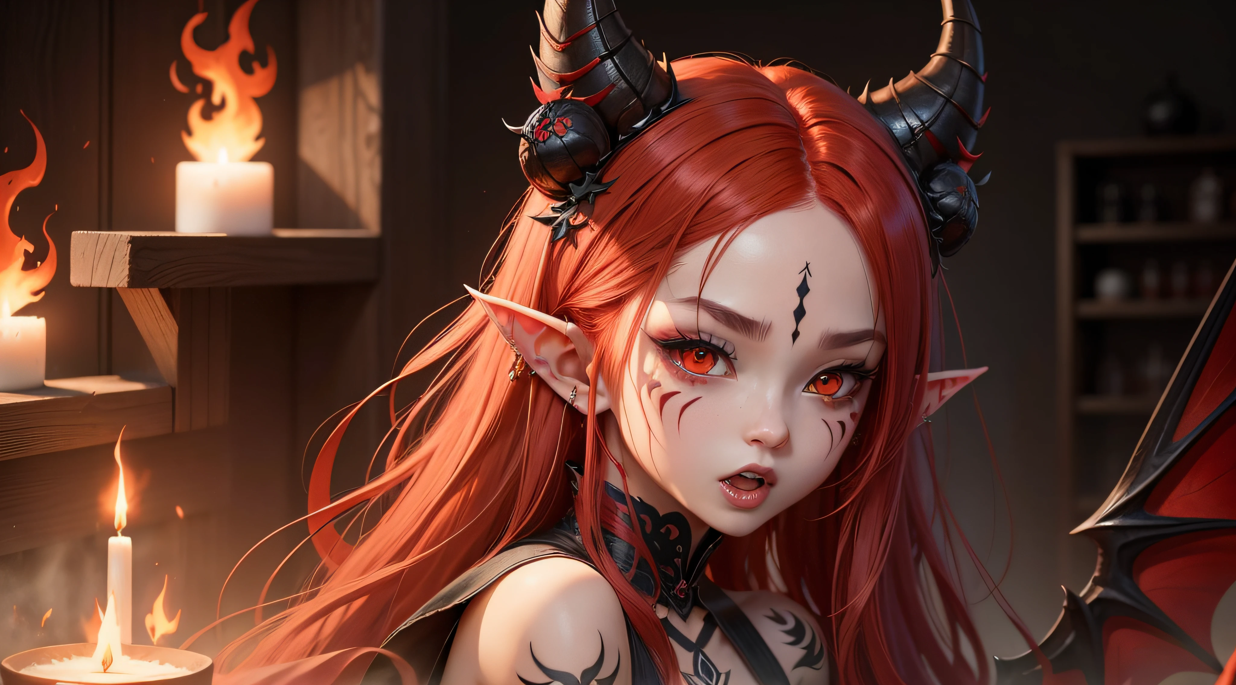 Demon girl with red hair and double tails, Large black wings and small horns.、elven ears、Open teeth、Tsundere girl with open mouth、Tattoo of flame on the body、Corners of the face、There are red marks on the cheeks、Halo、Ryujin
