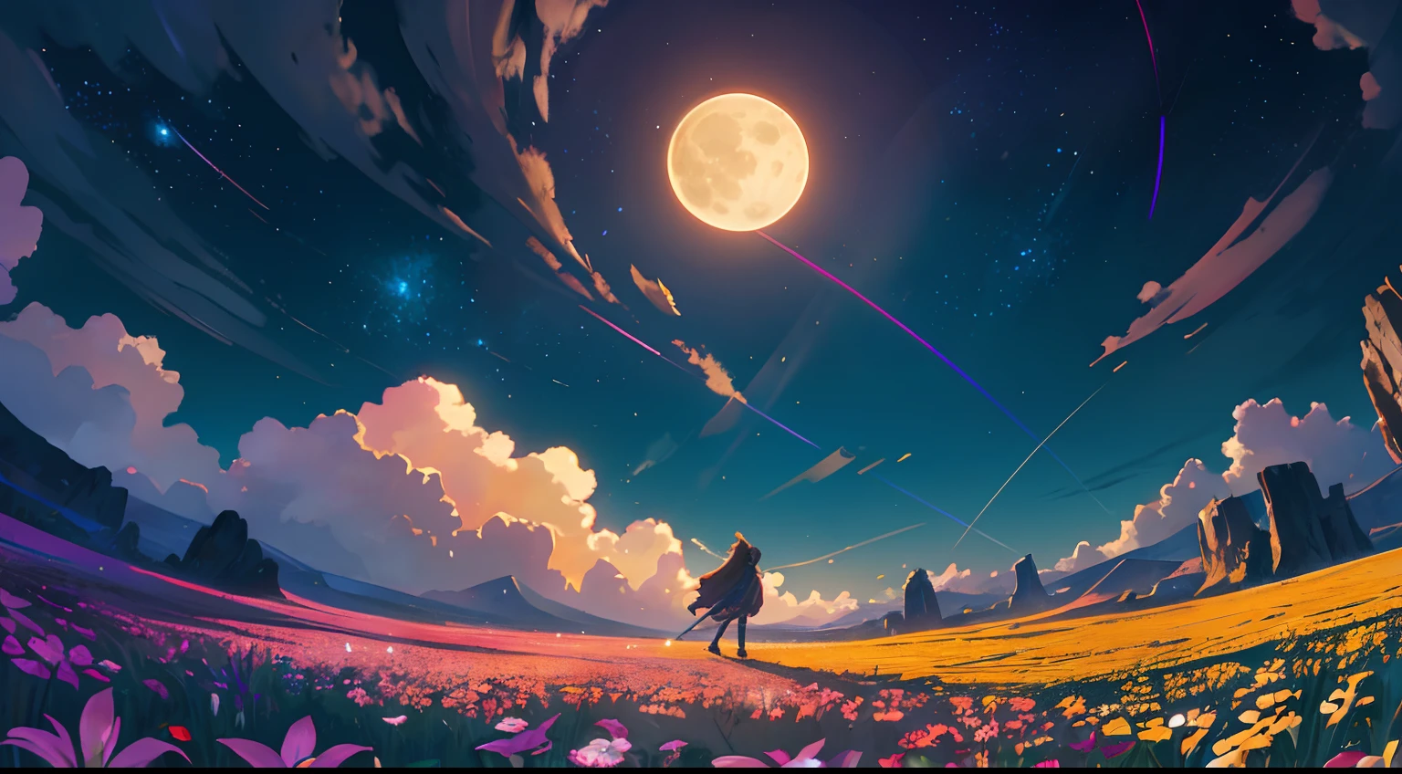 A wide landscape photo, (viewed from below, the sky is above, and the open field is below), a girl standing on a flower field looking up, (full moon: 1.2), (meteor: 0.9), (nebula: 1.3), distant mountains , Trees BREAK Crafting Art, (Warm Light: 1.2), (Firefly: 1.2), Lights, Lots of Purple and Orange, Intricate Details, Volumetric Lighting BREAK (Masterpiece: 1.2), (Best Quality), 4k, Ultra Detailed, (Dynamic Composition: 1.4), Rich in Detail and Color, (Rainbow Color: 1.2), (Glow, Atmospheric Lighting), Dreamy, Magical, (Solo: 1.2)