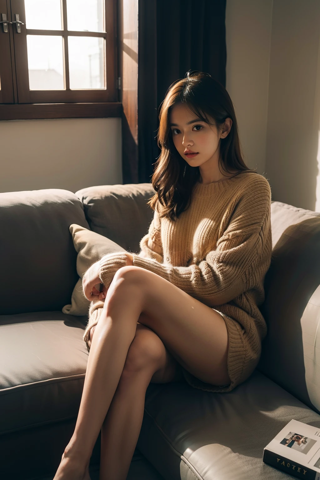 1girl,sitting on a cozy couch,crossing legs,soft light