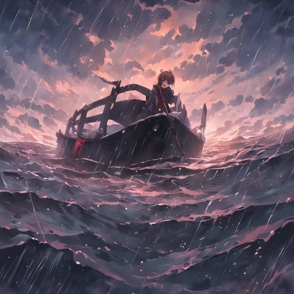 Black bow floating on the sea,The black bow is tattered,Rain hit the sea,Dark and gloomy sky, colorful