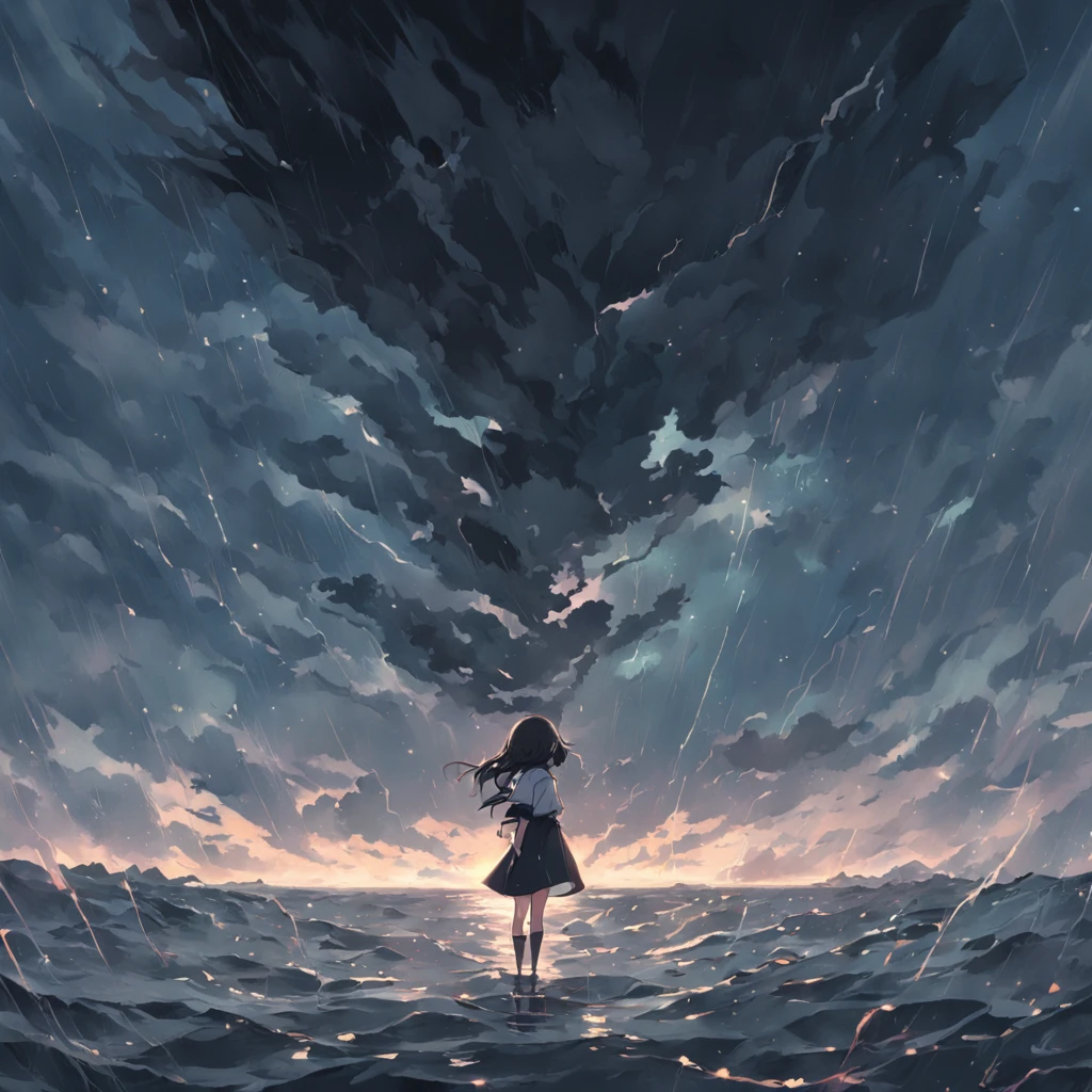 Black bow floating on the sea,The black bow is tattered,Rain hit the sea,Dark and gloomy sky, colorful