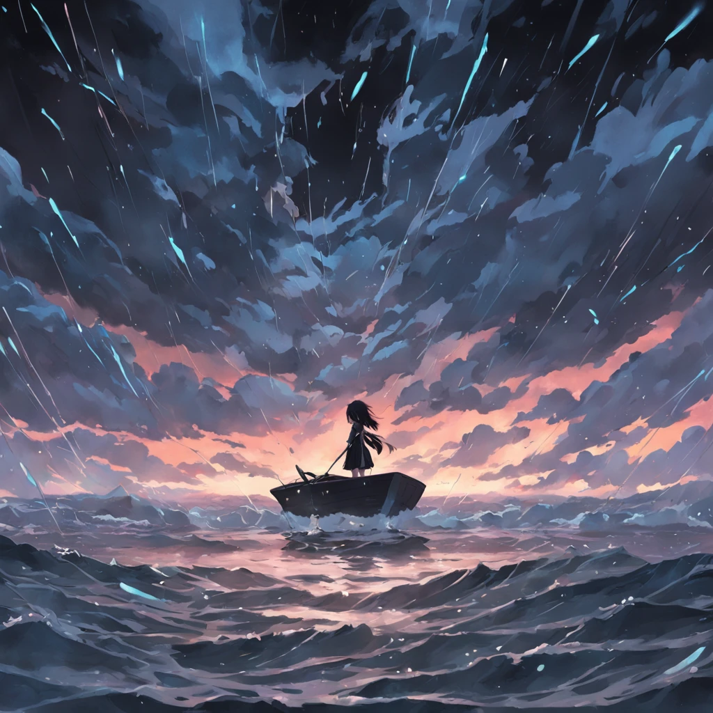 Black bow floating on the sea,The black bow is tattered,Rain hit the sea,Dark and gloomy sky