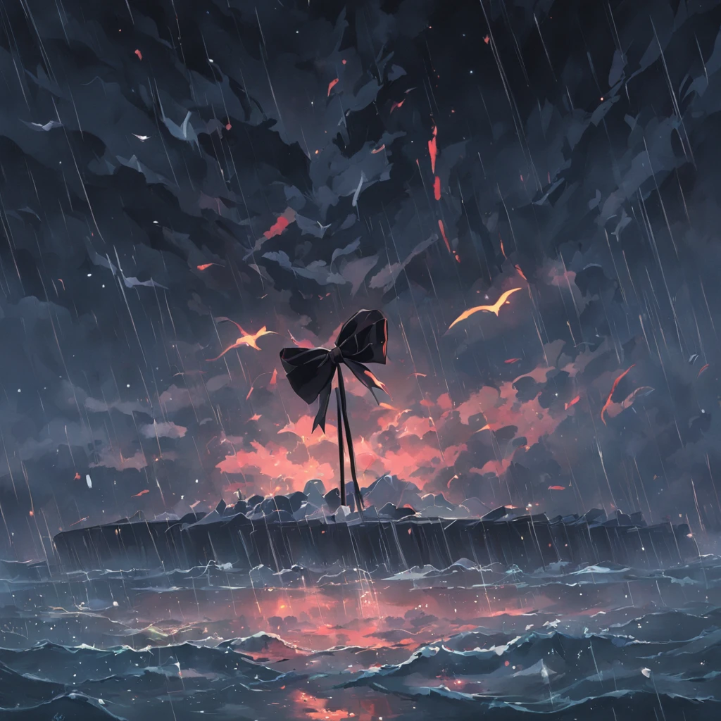 Black bow floating on the sea,The black bow is tattered,Rain hit the sea,Dark and gloomy sky