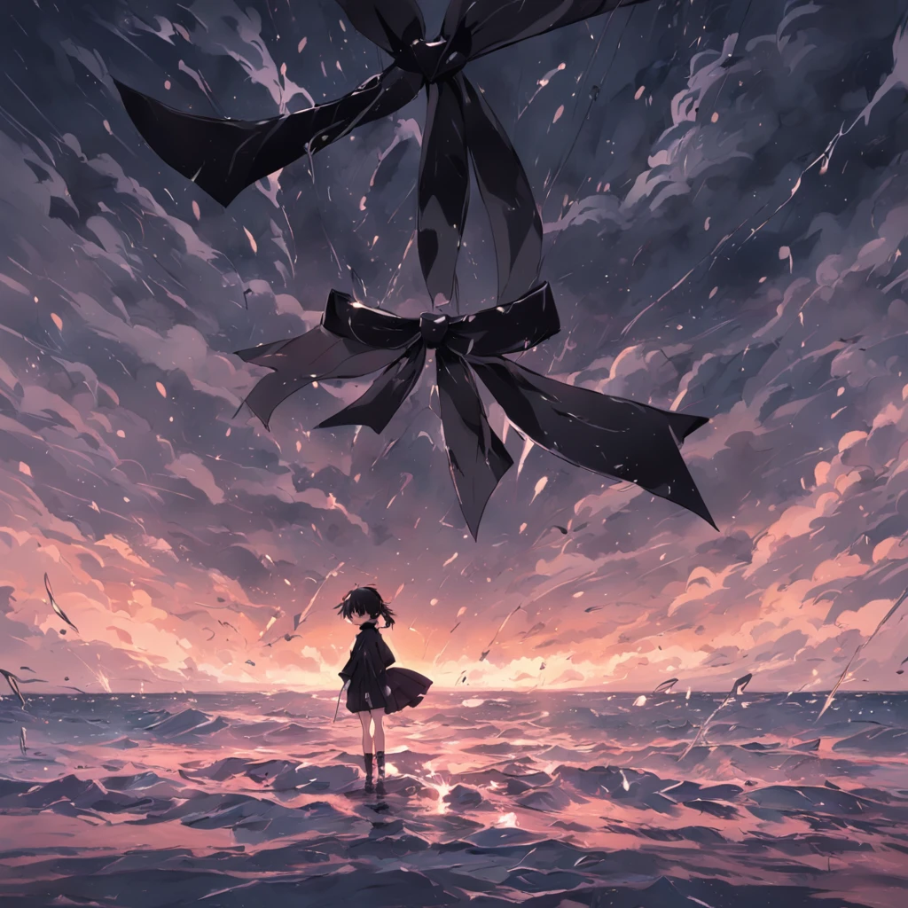 Black bow floating on the sea，The black bow is tattered，Rain hit the sea，Dark and gloomy sky