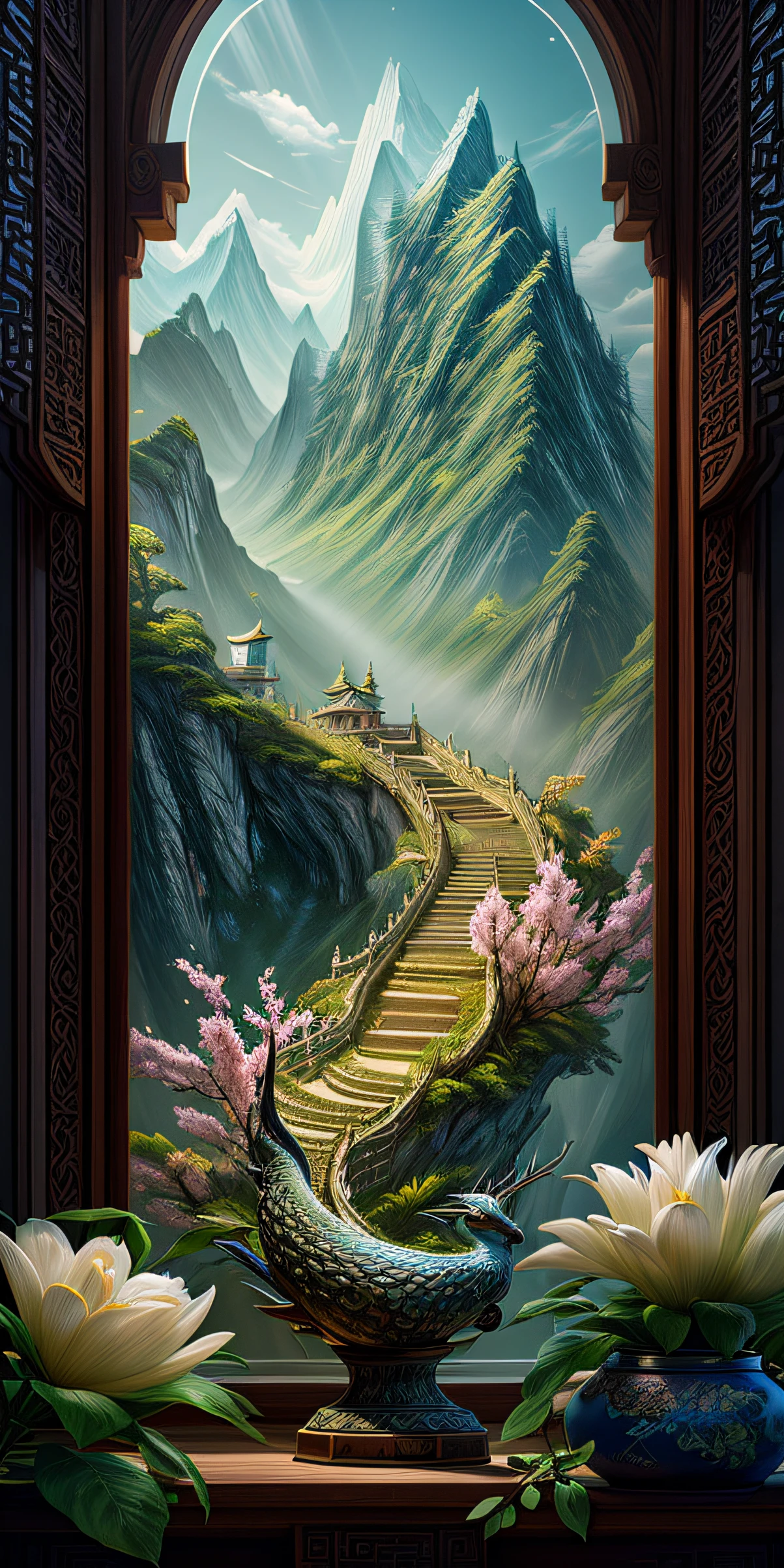 Best quality, hentail realism, photoreallistic,  ultra - detailed, "Mountains of flowers and fruits+Fairy+Chinese architecture" highly detailed carvings "Southern ice" porcelain,ultra-wide-angle,emphasis lighting,Volumetriclighting,Contre-Jour, (Detailed light),((An extremely delicate and beautiful)),dramatic_cel shadow,