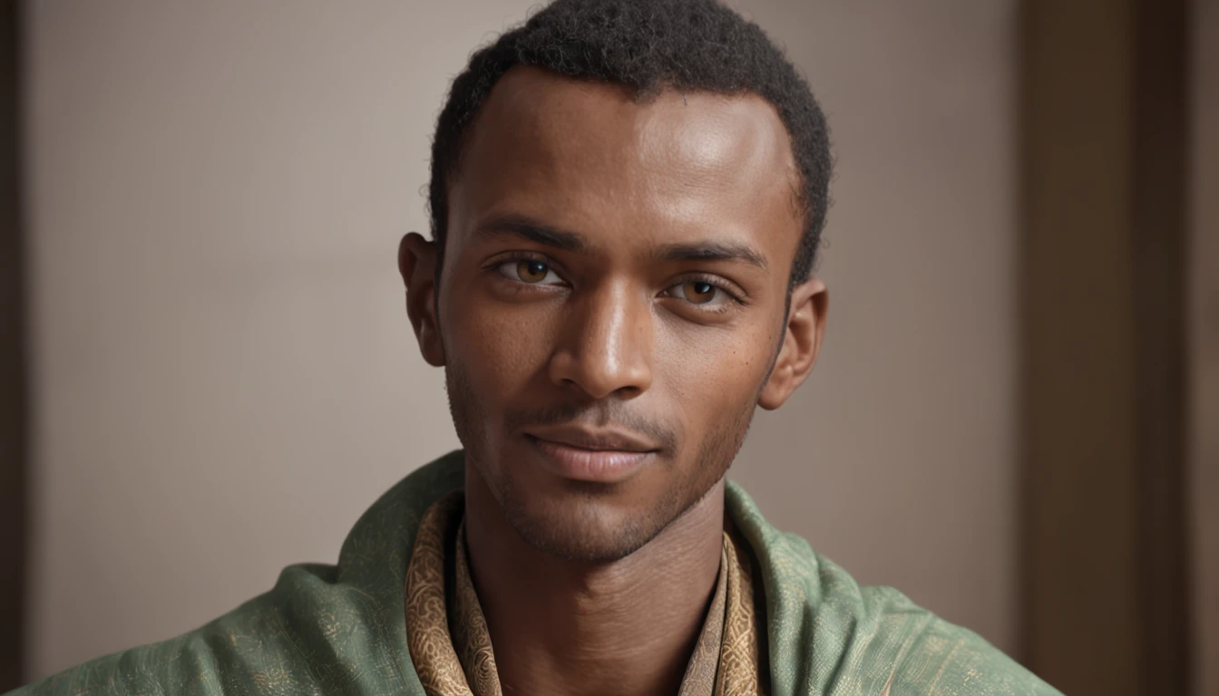 cinematic style, digital art, unreal engine, highly detailed, bokeh, handsome ethiopian man with habesha clothes eyes to the camera, avatar, clean, portrait , Best quality, masterpiece, ultra high res, (photorealistic:1.4), dramatic lighting, smile face, photo realistic, books in background, library