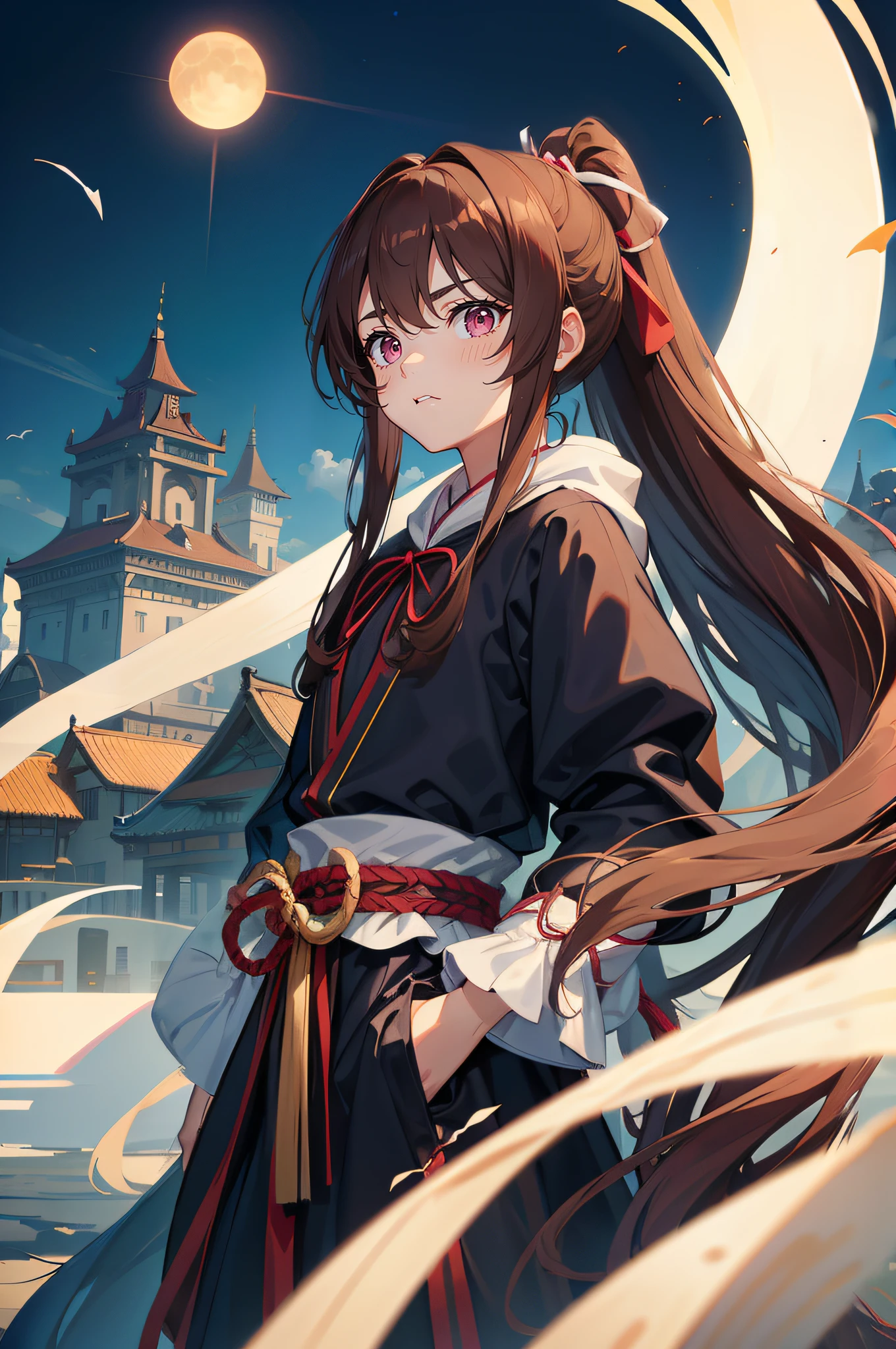 long brown hair in a ponytail with very long ribbons,、dark pink eyes、Too eyebrows、muscular male、1boy、Young boy、Handsome face、male people