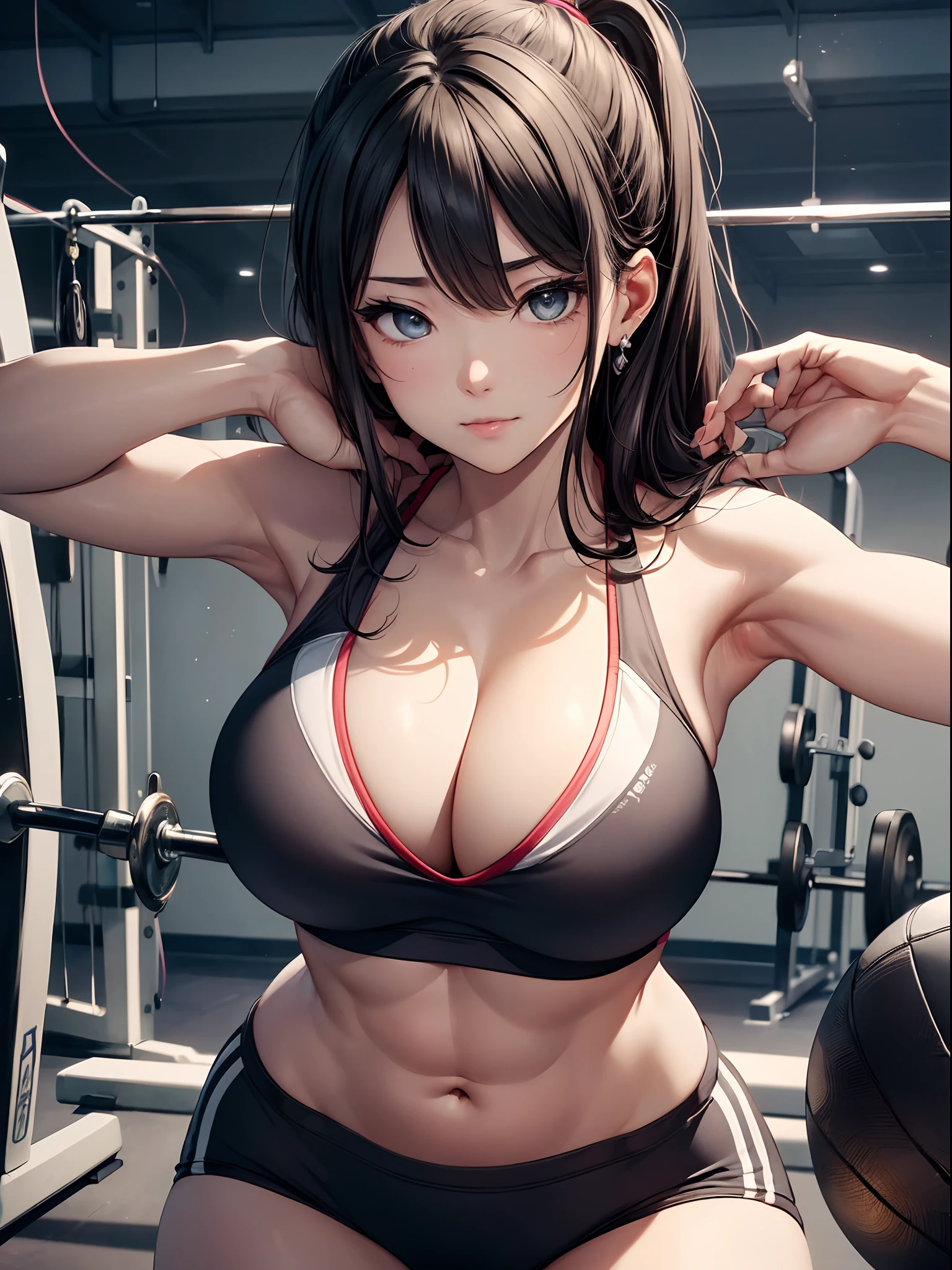 ((top-quality、8K,masterpiece:1.3))、foco nítido:1.2、Beautiful woman with perfect body shape:1.4、A slight smil,A slender ,(well-muscled,abdominals:1.3),((huge-breasted:1.4))、(Sportsbra、spats:1.4),(bending forward、Kamimei:1.4),from above ,((sports gym:1.4)),(perspiring:1.2),stylish pose、Highly detailed facial and skin texture、A detailed eye、二重まぶた
