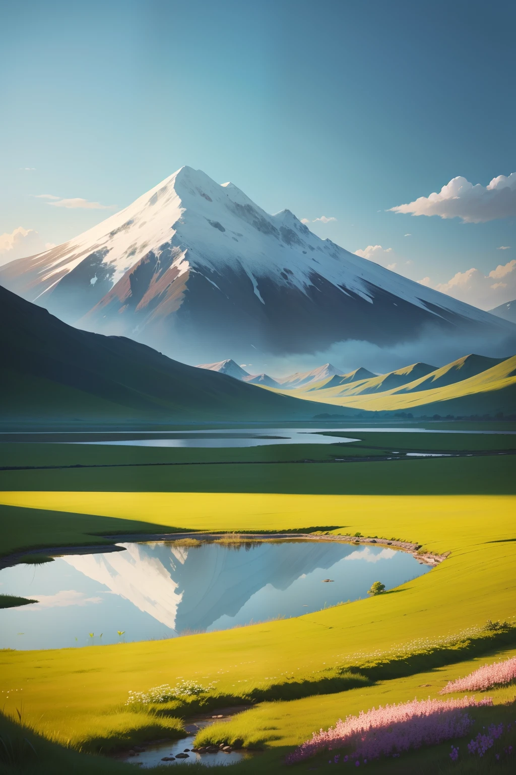 Landscape painting, near the grassland, green grass, scattered some flowers, not far away there is a pond, reflecting the blue sky, inside is a lotus and lotus leaves, the distance can faintly see the snow mountain, no trees, the sky is cloudless, blue as wash, very blue