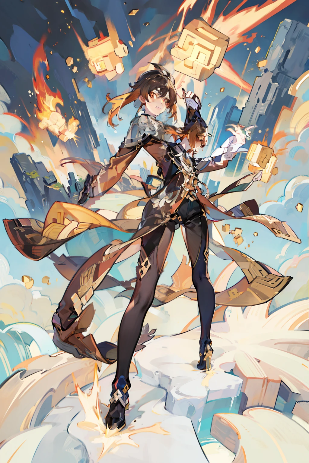 Illustration, UHD, retina, masterpiece, accurate, anatomically correct, super detail, high details, high quality, award winning, best quality, highres, good anatomy, 1080P, HD, 4K, 8k, 16k, 1girl, dynamic pose, androgynous, full body detailed eyes, detailed clothes, detailed hair, rendering, Zhongli, Genshin Impact, Female, big chest, nice legs, heels, shorts, brown and yellow hair,