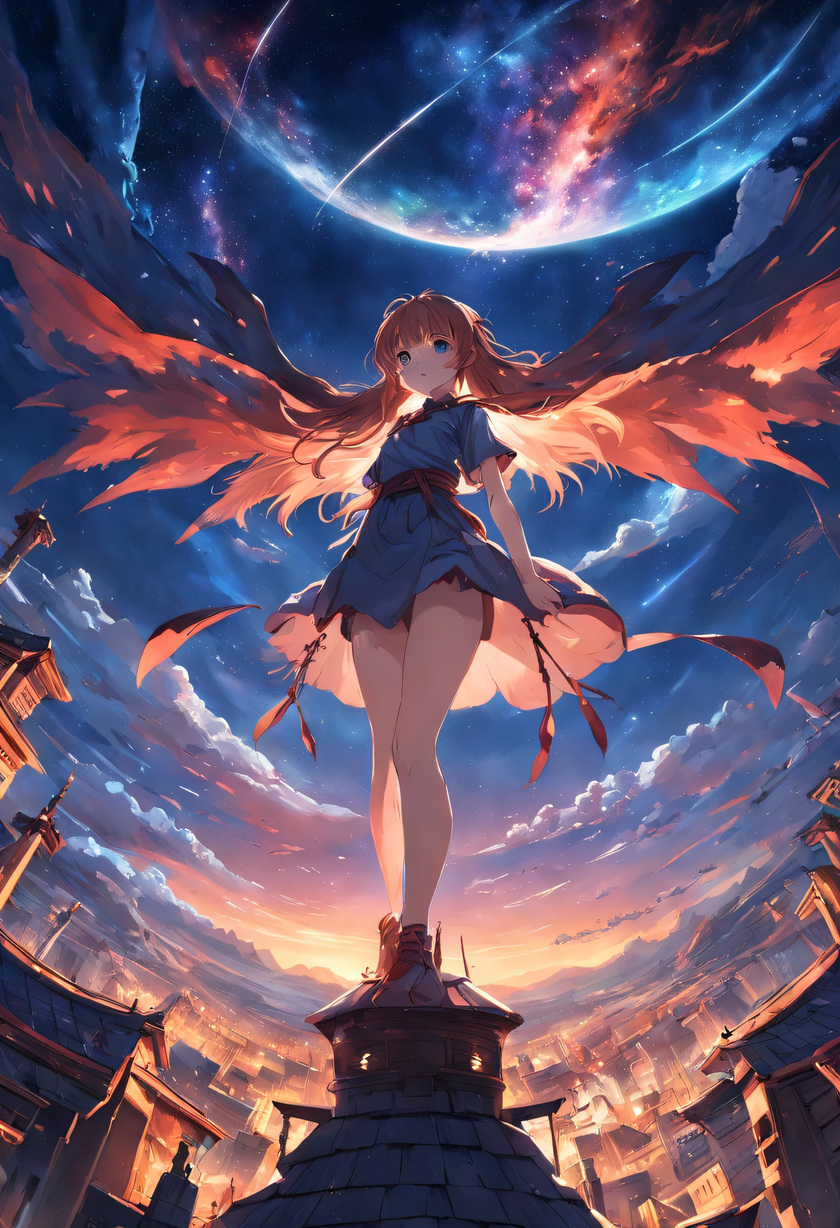 1 Outdoor girls, late, starrysky, in a panoramic view, Wild landscape, horizon, the roof, sitting on rooftop, ventania,(wide angles,Ultra HD details,Masterpiece, hyper HD, Super detail, High details, Best quality, A high resolution, Award-Awarded, 8K),(电影灯光)