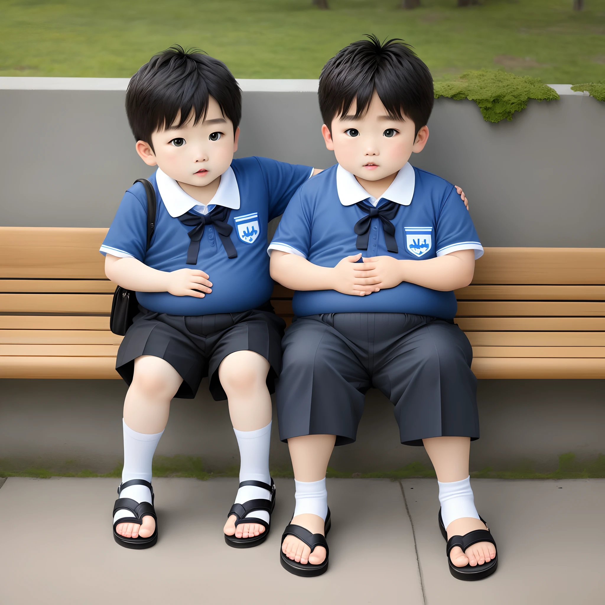 Wear a blue and white school uniform,Chubby ,Black sandals,adolable,