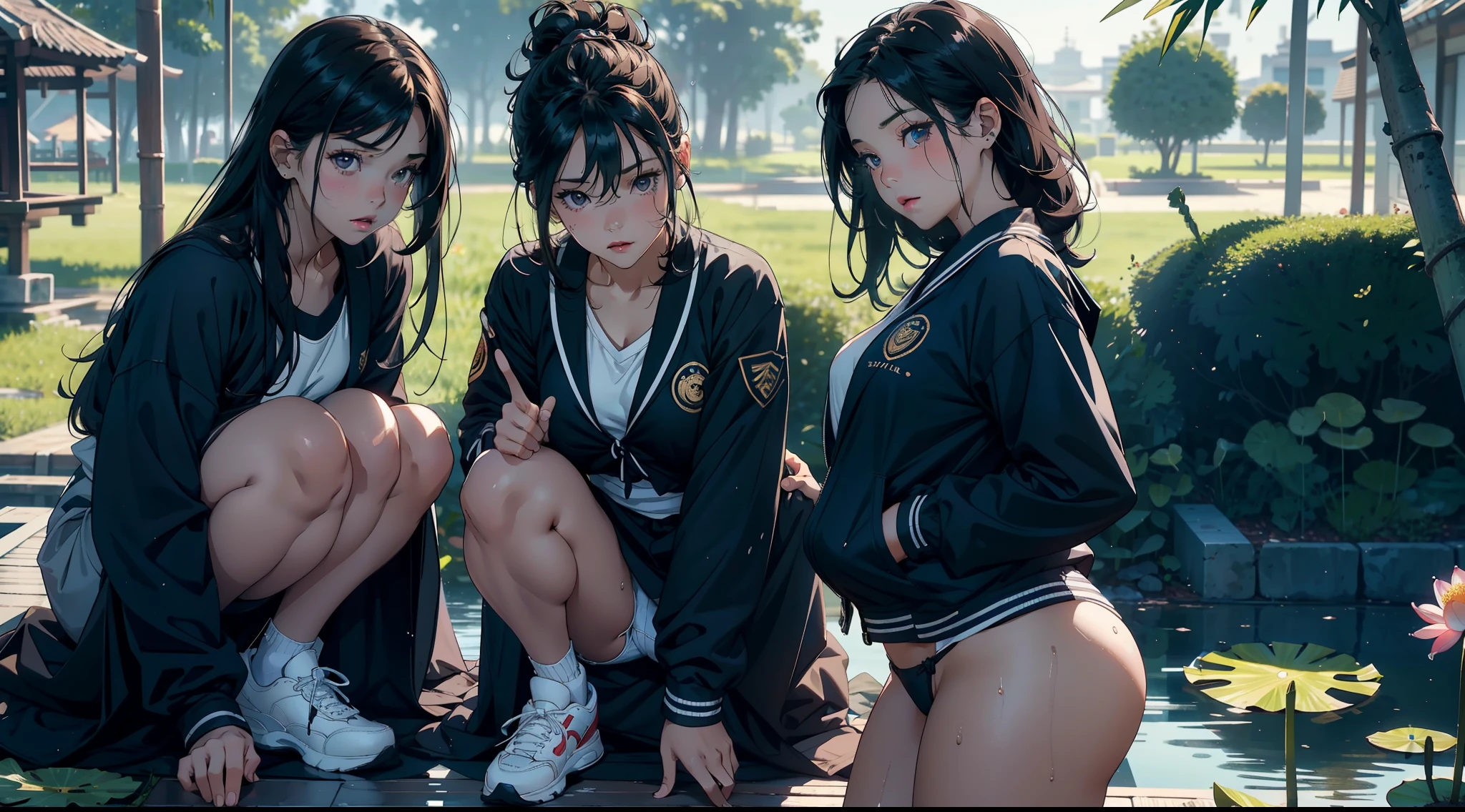 3 females，3 ，bit girl，Small loli，huge-breasted，Pornographic exposure， 独奏，（Background with：bamboo forrest，lotuses，lotus flower，exteriors，Lotus pond） She has short black hair，Qi bangs，Doll head，standing on your feet，Sweat profusely，drenched all over the body，3 women sleeping side by side on their backs on the grass，seen from the front， hair straight， mostly cloudy sky，（（（tmasterpiece），（Very detailed CG unity 8K wallpaper），best qualtiy，cinmatic lighting，detailed back ground，beatiful detailed eyes，Bright pupils，Black eyes，（Very fine and beautiful），（Beautiful and detailed eye description），ultra - detailed，tmasterpiece，）），facing at camera，A high resolution，ultra - detailed），revealing breasts，Bare genitalia，  Bulge，legs are open，Raised sexy，Camel toes，Flushed complexion，Open-mouthed，frontage，elementaraseball jacket，Sailor uniform，White panties，black sneaker shoes，nakeness）