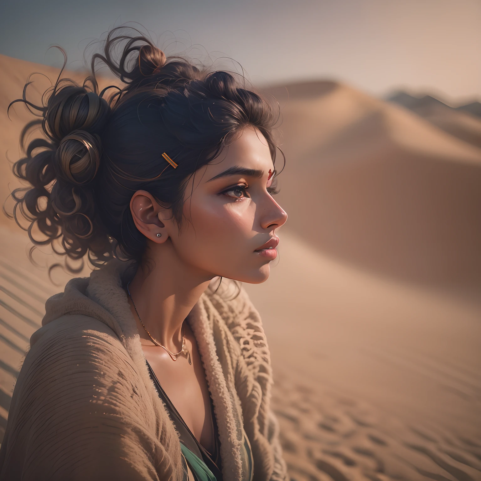 Portrait of an Indian woman with curly hair styled in a messy bun, mignon, Photographie mate, peau brune, softlighting, Lamborghini aventador, humeur ambiante, Stunning and clean photography, Kodak Film, Leica, Aesthetic inspiration of the dunes, Metropolis inspired, Oleg Oprisco et Todd Hido --ar 5:8 --s 450 --v 5.2
