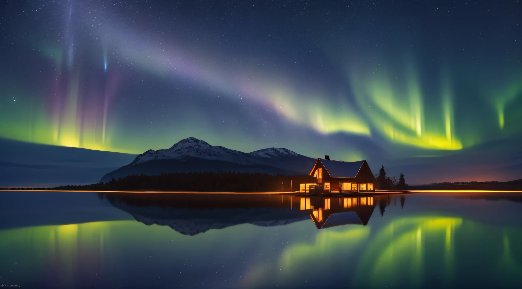 "A wooden house visible in the distance，In the Scandinavian landscape，The night sky is intertwined with stars and auroras，tmasterpiece，Hyper-realistic，4K"