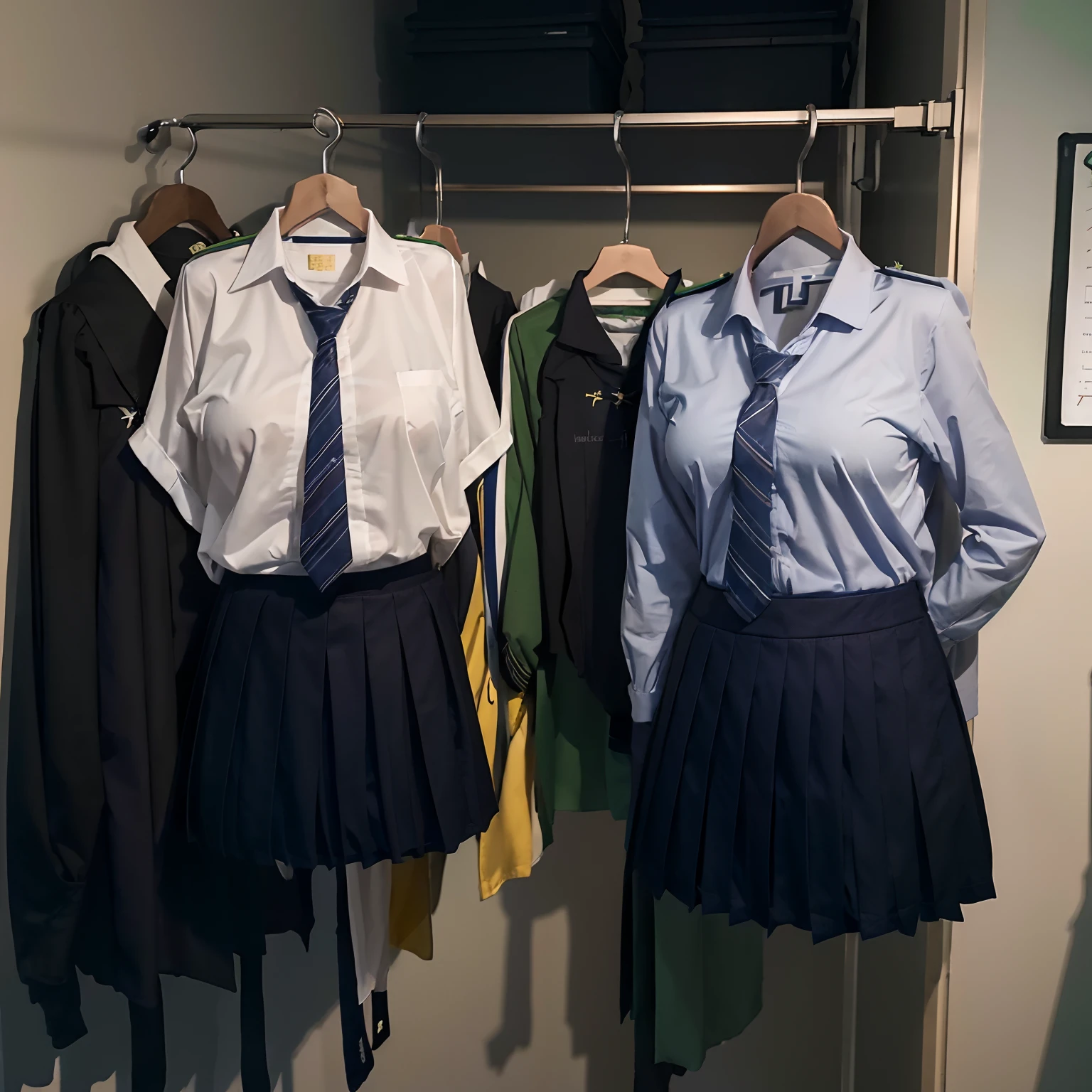 (girls' school uniform on hanger:1.9) , (school uniform on hanger swells as if worn by invisible girl:1.9), (in the closet), ((invisible, no humans:1.7, headless:1.7, handless, legless)), (big breasts:1.86),(on hanger:1.8)
(8k, RAW photo, best quality, masterpiece:1.2), (realistic, photo-realistic:1.37),photon mapping, radiosity, ((Hasselblad photography)),physically-based rendering,