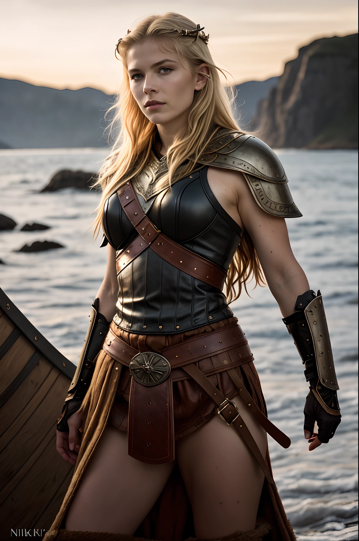 Masterpiece, a beautiful Viking woman, ((Marilyn Monroe:Michelle Pfeiffer:0.5)), (leather Viking armor), (medium breasts), (perfect body), (blonde matted hair), (short hairstyle), outside, dirty, (skin texture:1.1), best quality, ultra high res, Raw photo, Nikon D850, backlight, rimlight, bright sunlight, film grain:1.2, (warm hue, warm tone:1.2), (color photo), fantasy Viking longboat background