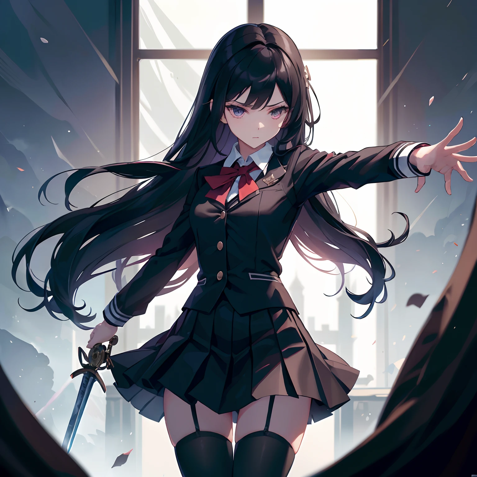 tmasterpiece，best qualtiy，Correct limbs，Girl Fighting with Sword，JK school uniform，emaciated，a black pleated skirt，black lence stockings，thin very long legs，18year old，High school seniors，school ground