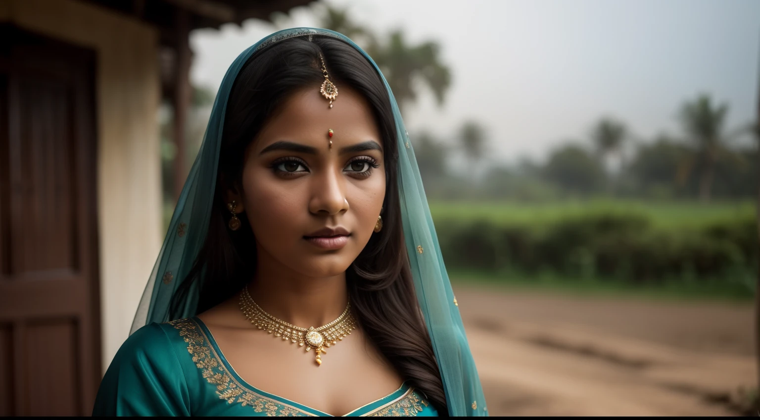 A 24mm wide rule of third composition photo of a 27 year old Bangladeshi princess in sky blue saree and jewelry ,in hands Extinct Vintage Oil Lamp sits at infront of mud house young rich woman, ,white color full sleeve blouse, no body curve showing,Veil on the head, simple eyelashe in her eye, faded lipstick on her lips, moody facial expression, front facing to the camera ,environment is in after sunset,background bumble bee flying, moody tone, dreamy look in image , specular lighting,, soft light tone in her face , dark tone, silky hair, soft light, portrait photography,world class portrait photography, RAW, realistic face detail,detailed facial features, firminbaes,backgroundblurbokeh , intense gaze,captured by Sony Alpha a7 Illcamera with Sony FE 24-105mm f/4 G OSS lens*