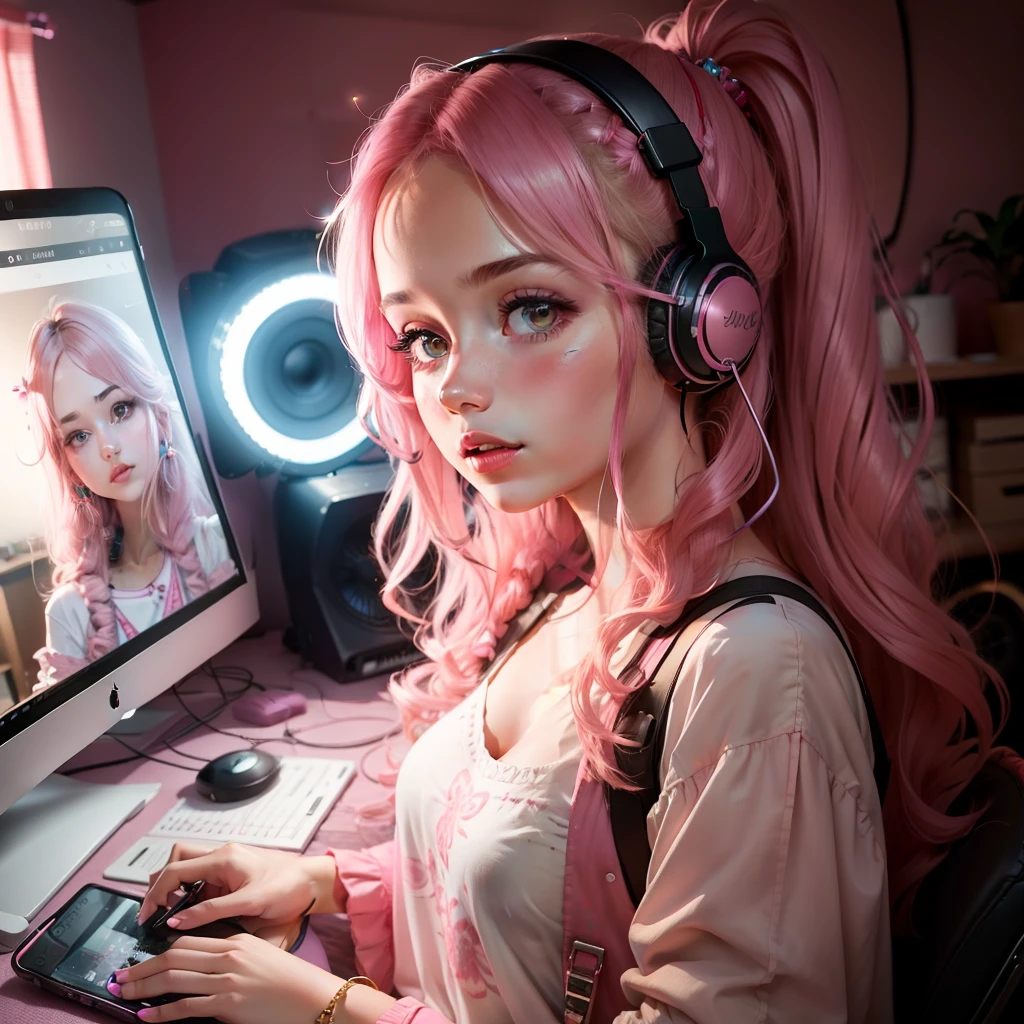 A morden Girl, pink theme, in the studio, wearing headsets, sparkling simple make up, sparkling face, sparkling lips, recording a song, hippie clothes, high quality pictures