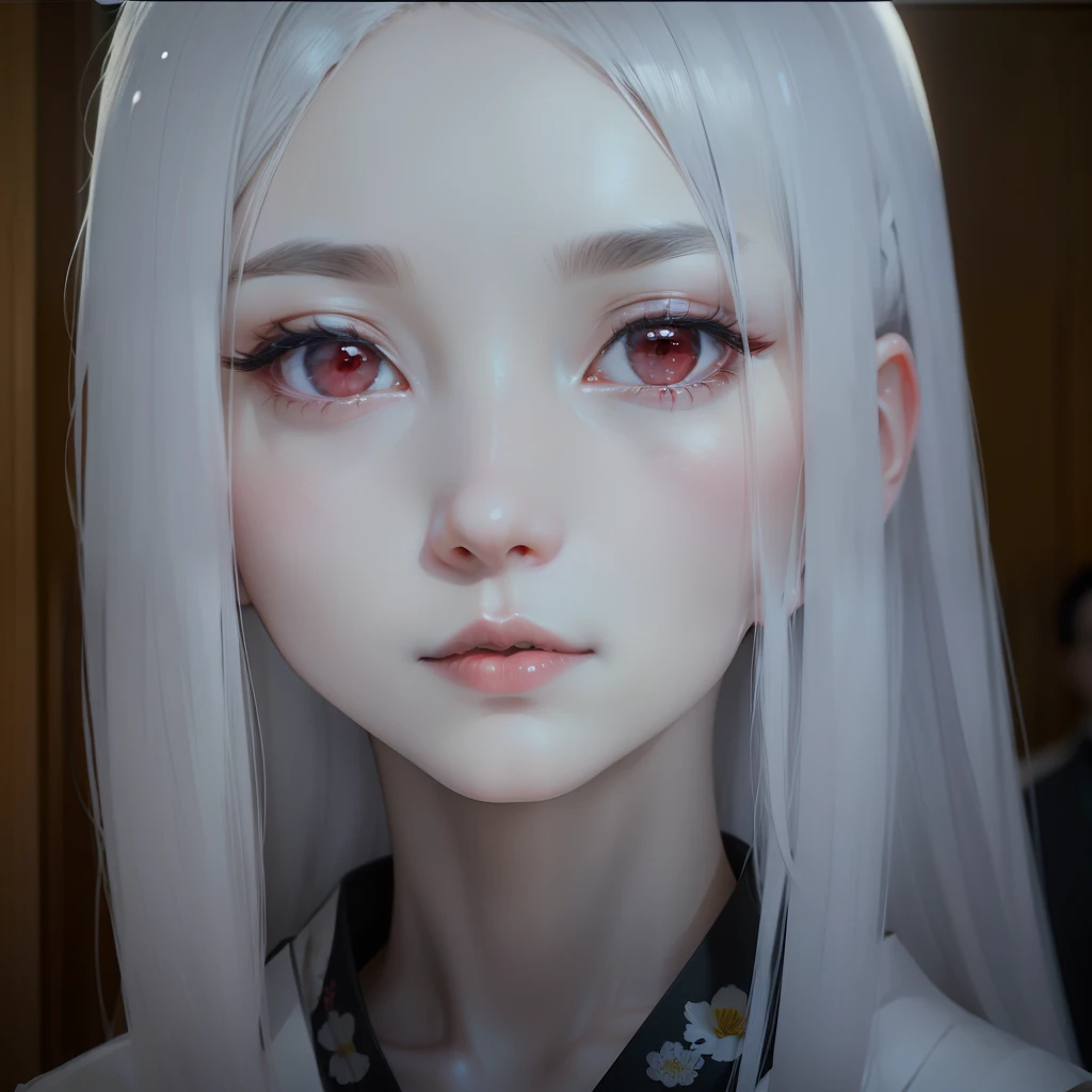 Kaguya otsutsuki. A woman was standing in a room. He has been seen wearing a white kimono with black stripes. She looks like she has silver hair. Has a smooth white complexion like snow. With rosy cheeks and luscious little red lips. He was looking into the camera. So pretty and realistic
