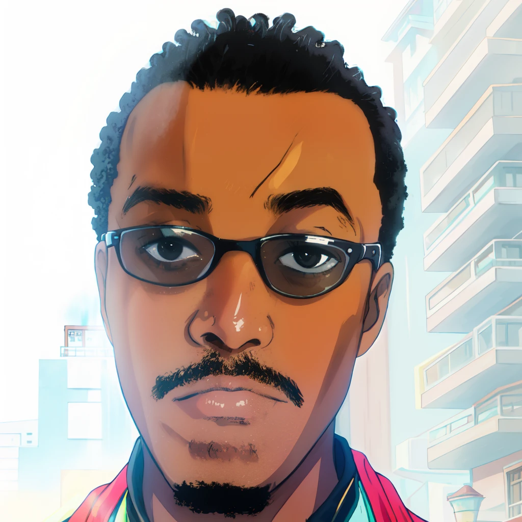 African man in a black leather jacket and sunglasses standing in front of a building, with a cool pose, stylish pose, mid shot portrait, casual pose, 80s style anime.