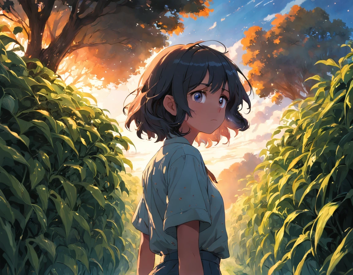 1 girl with wavy and short hair, ojos negros y grandes, usa overol y camisa, Distracted, caminando por el campo, luz de amanecer, arboles con frutos, viento