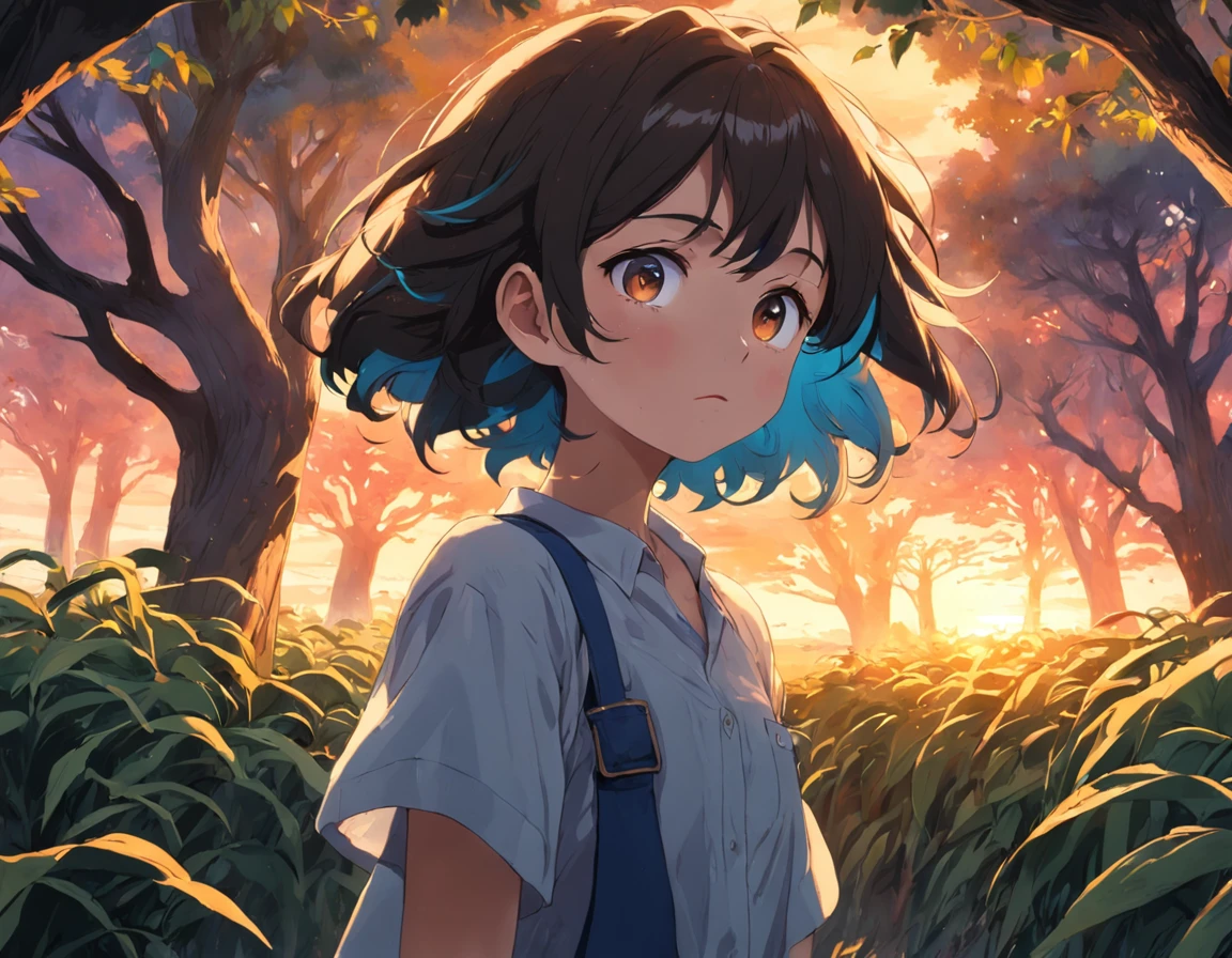 1 girl with wavy and short hair, ojos negros y grandes, usa overol y camisa, Distracted, caminando por el campo, luz de amanecer, arboles con frutos, viento