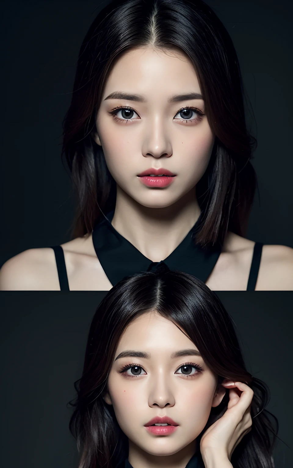 超A high resolution、masterpiece、top-quality、 extra detailed face、A detailed eye、Very complex and、Perfect shiny shiny skin、Perfect litthing、detailed lighting、Dramatic shadows、Ray Tracing、 1girl、The upper part of the body、Black sweater、looking at the viewers、