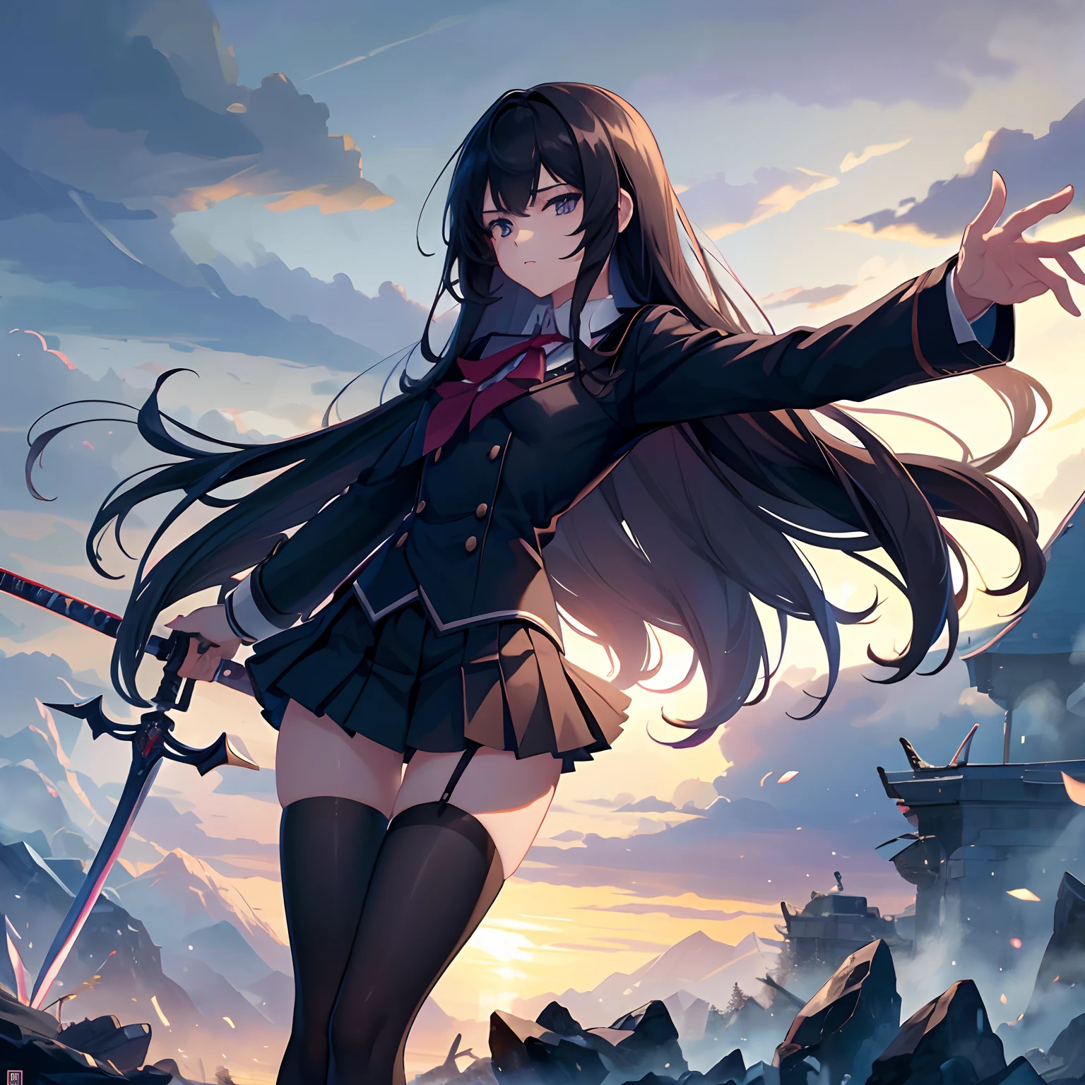 tmasterpiece,best qualtiy,Correct limbs,Girl Fighting with Swords,JK school uniform,emaciated,a black pleated skirt,black lence stockings,thin very long legs,18year old,High school seniors,school ground