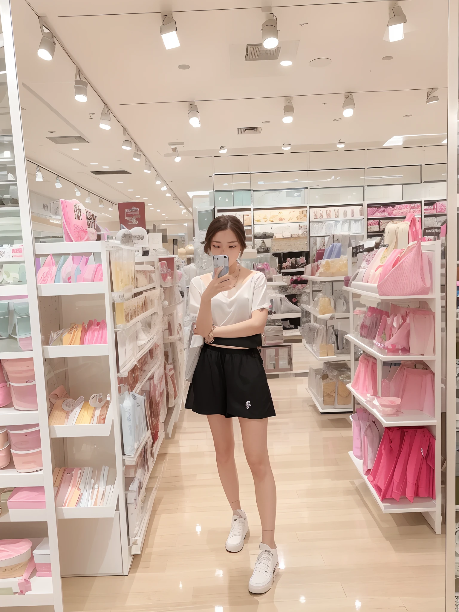 there is a woman standing in a store looking at her cell phone, in a mall, appearing in a shopping mall, Smooth white skinny sports tank top shorts ๐คฌ ๐คฎ ๐ ๐, ulzzangs, ๐ญ ๐คฎ ๐ ๐, jinyiwei, Li Zixin, in mall, inspired by Ma Yuanyu, low quality video, 8K))