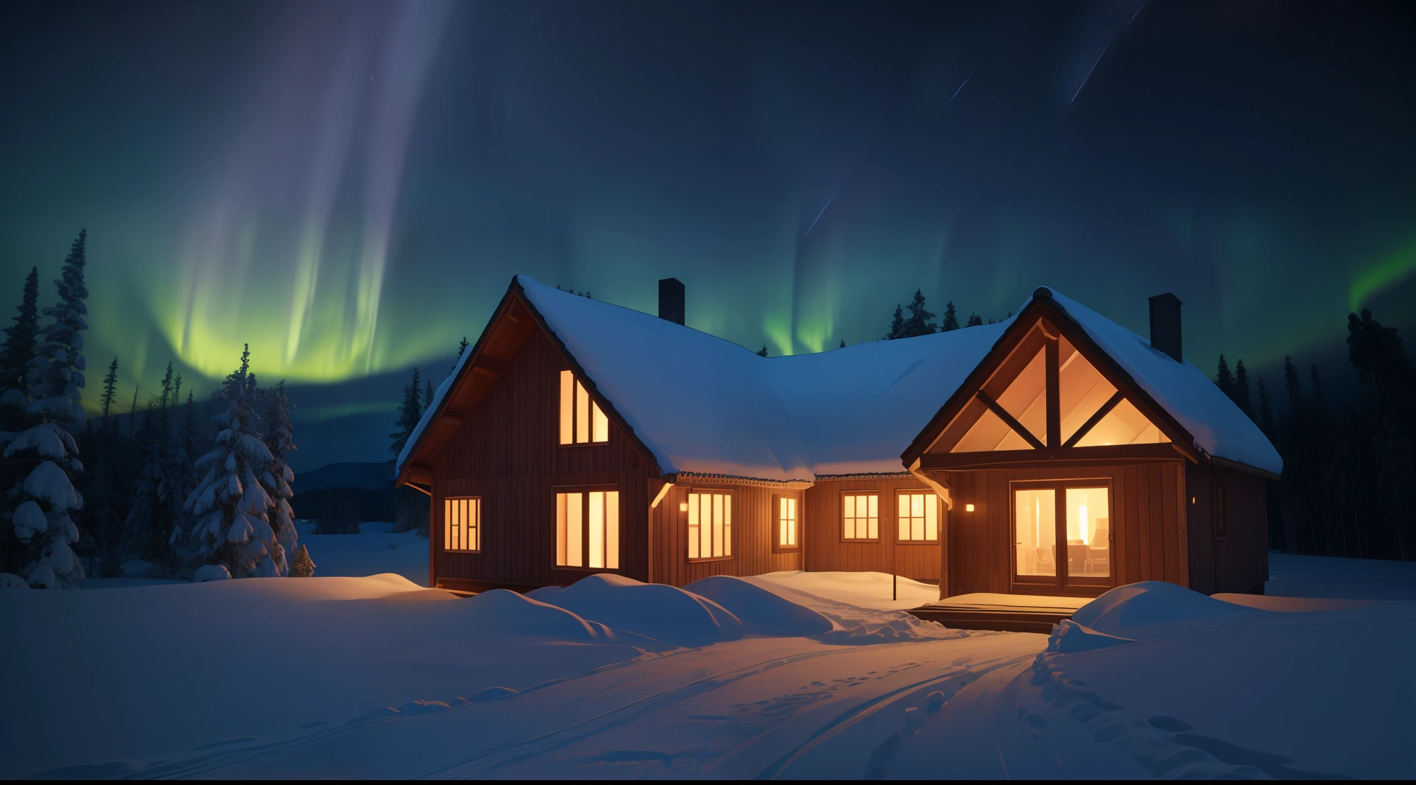 "A wooden house visible in the distance，In the Scandinavian landscape，The night sky is intertwined with stars and auroras，tmasterpiece，Hyper-realistic，4K"