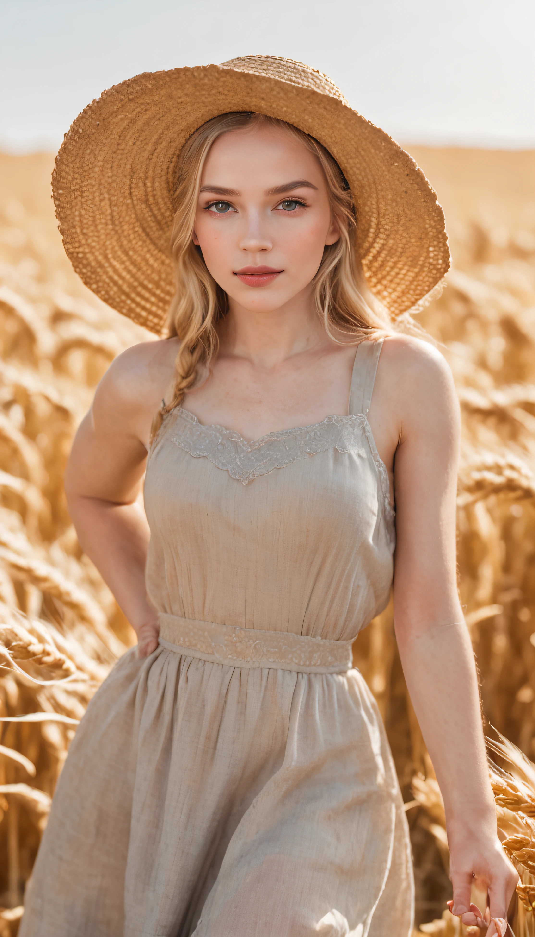 an enchanting extremely low angle full length shot of an alluring gorgeous young blonde girl with braids and straw hat and organdie summer dress looking at the camera with a mischievous smile by Andrew Wyeth, in the background a path in a wheat field and and a tractor, clear blue bright Tennessee sky, pretty face and naive look, freckles, a perfect professional photo, shot on Canon PowerShot G7 X Mark II, Kodak Portra 400, view from below, f/1.8 lens, tilt-shift lens, award-winning editorial,glamour shot capturing extraordinary natural landscape and subject with exceptional detail and vibrant colors, tilt angle perspective, hot summer, ethereal, feminine pose, dreamy, muse, flirty, breathtaking beauty, moody overhead light, romantic soft lighting, magic hour, golden light on the scene, last light of sunset, gorgeous light and shadow, hyper-detailed, beautifully color-coded, photorealistic, clean sharp focus, depth of field, dynamic angle, bokeh