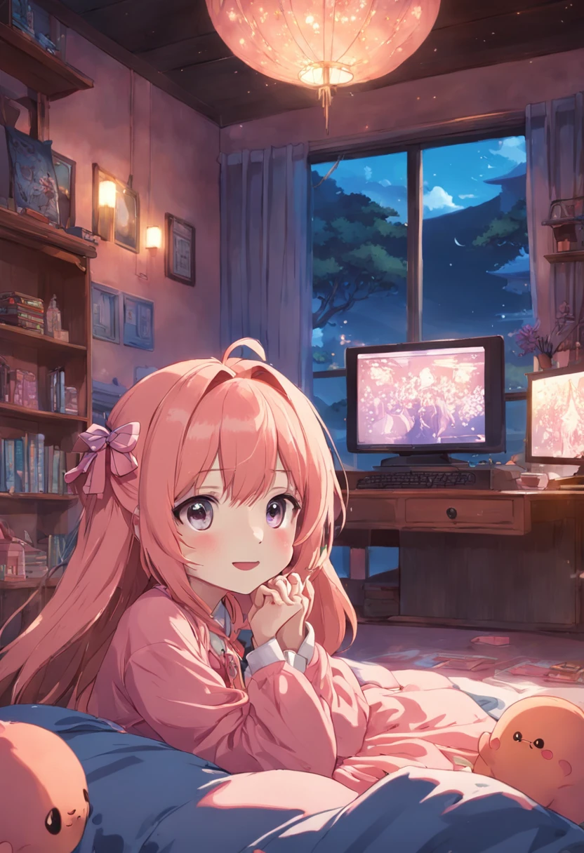 girl with、kawaii、Colorful Peach Asanhttps://twitter.com/mumu_mumu09、Smiling、looks sleepy、in a house、early morning、Before playing Micra、Computer in one hand、