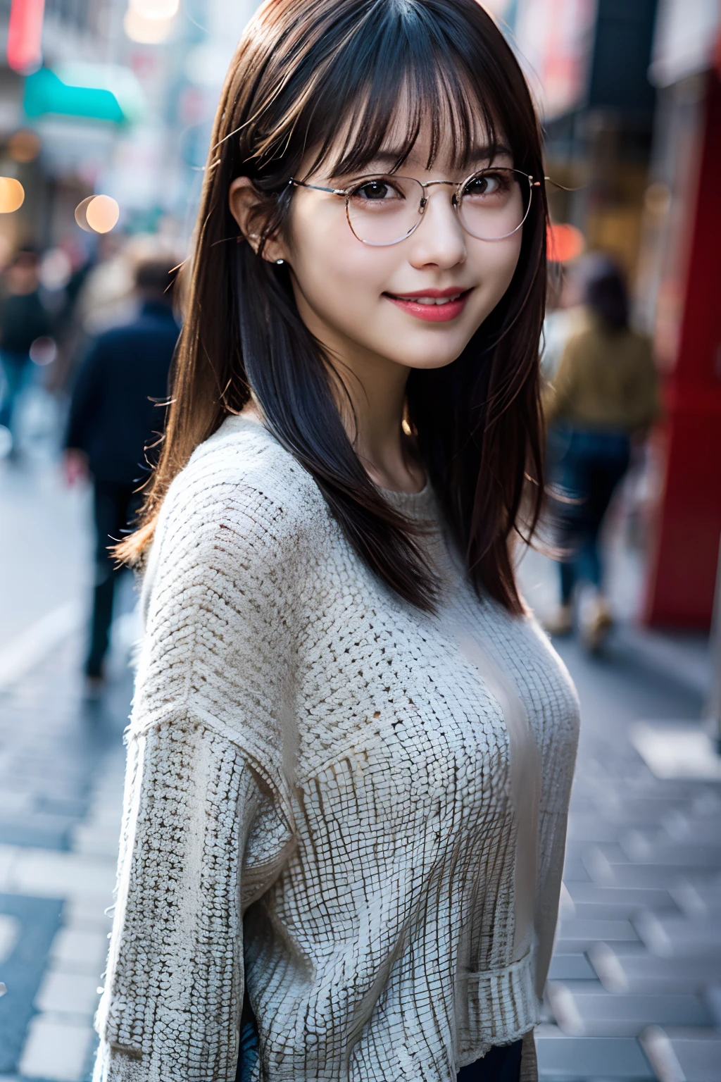 (8K、Raw photography、top-quality、masterpiece:1.2)、(realisitic、Photorealsitic:1.37)、ultra-detailliert、超A high resolution、1人、see the beholder、beautifull detailed face、a smile、Constriction、(Slim waist) :1.3)、Shirts、Beautiful detailed skin、Skin Texture、Floating hair、Professional Lighting、In the street、Glasses