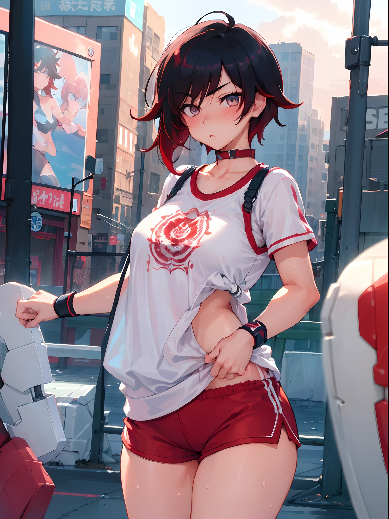 (tmasterpiece, beste-Qualit:1.2), Cowboy shot, 独奏, a 1girl, Ruby Rose, gaze at the viewer, Sporty top, Short sports shorts, the sweat, Erotica, wide thighs, blushful, the night, urban landscape, Street, sexypose