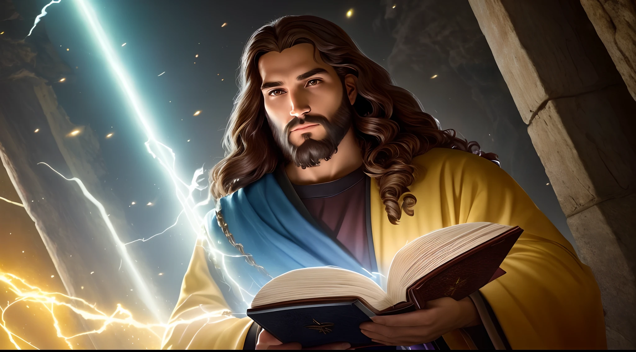 (alta qualidade: 1.3), Cinematic Still Shot, obra-prima, (foco nítido: 1.5), (fotorrealista: 1.3), medium portrait of (Jesus holding a HOLY BIBLE IN A FLASHY SETTING), fundo detalhado, clear lighting, twilight lighting, volumeric lighting, detalhes complexos, UHD,
