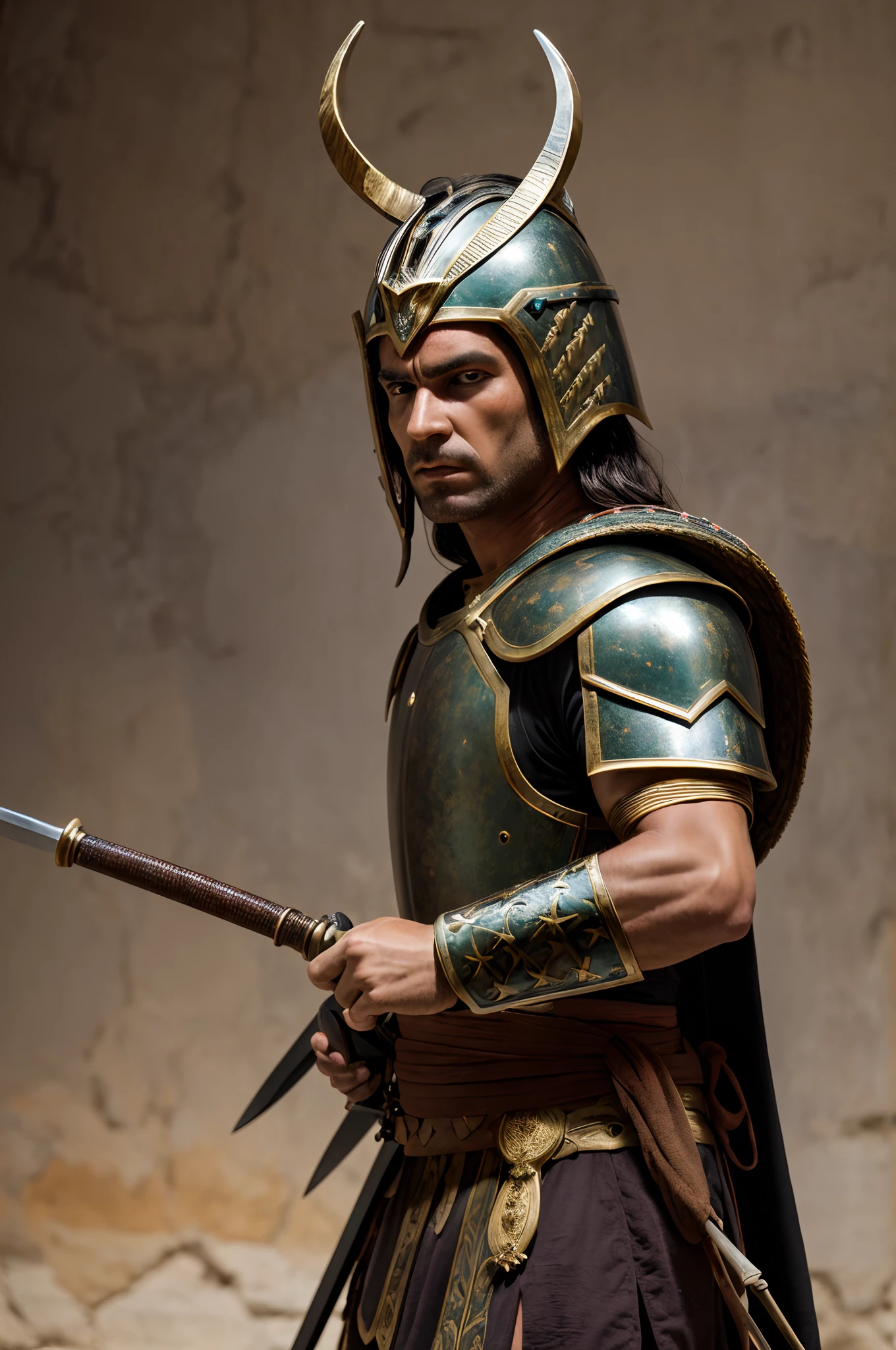 a Sardinian warrior, like a Nuragic bronze, he holds a sword and has the typical horned helmet of Nuragic bronzes, fierce gaze, a nurage in the background, 32k