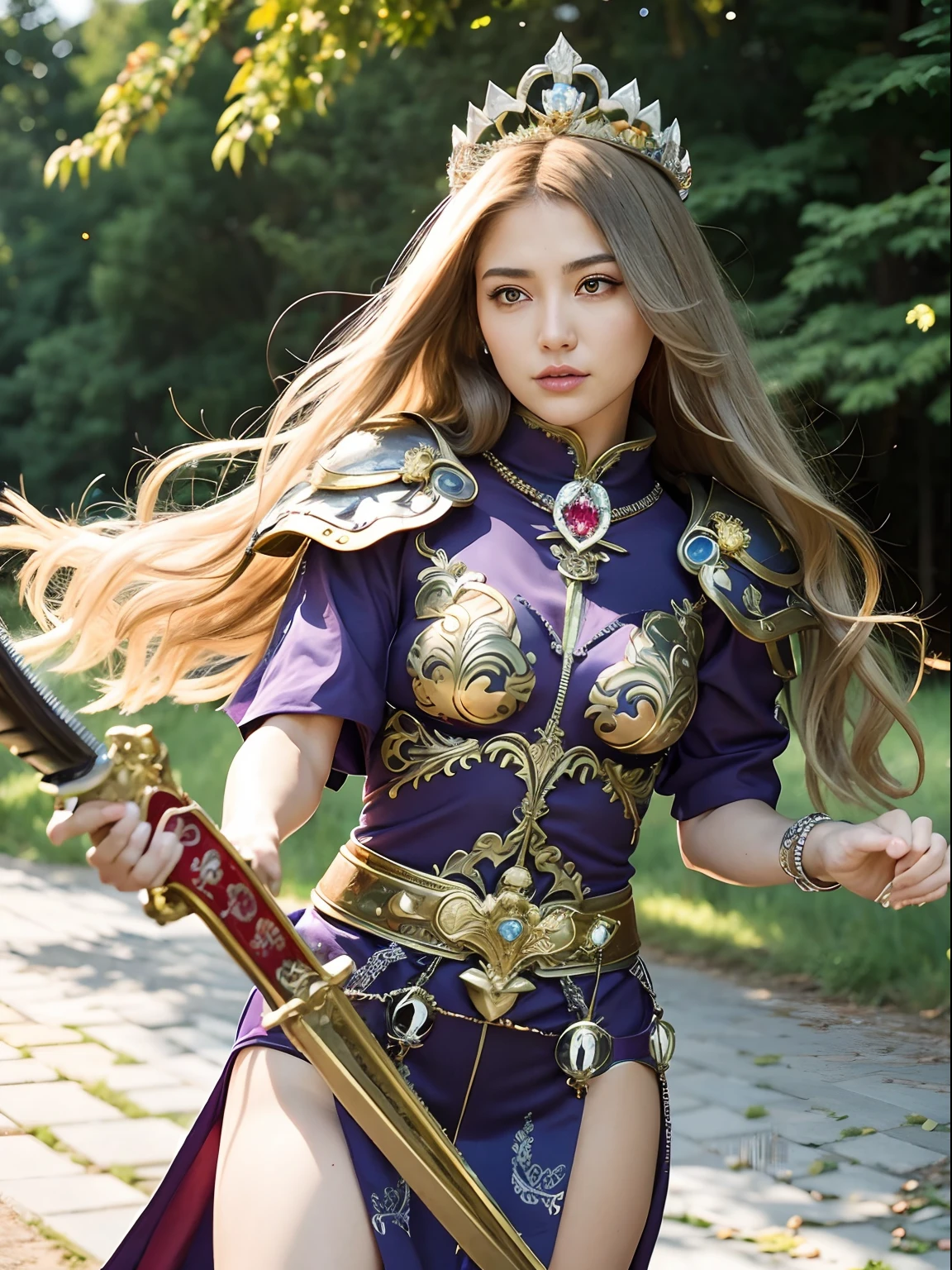 Professional , ​masterpiece、top-quality、photos realistic , depth of fields （Gemstone Silver Metal Body:1.９),(Matte Silver、Jewel Gold Weapon、（Gorgeous castle background）、Holding the Sword of Heroes、（Jewel White Metal Body:1.４),（（Gorgeous Jewel Metal Weapons）） , Fighting、（（Holding the Sword of Heroes）） ,（close-up，dream magical，tornado ）   ,(Micro Bikini Armor),warhammer 40k , adepta sororitas,Detail and ornate jewel crown、Brown hair、Mystical expression、（Gangle's forest background）、１a person、dynamic ungle,(((Diamond tiara with detail and luxury)))、a small face、A smile、Powerful poses、（Gorgeous castle background）、huge filesize、20 year old beautiful woman、Thin female fingers、Straight long hair、Beautiful Japan person々The beauty of、Mystical expression、Lightly open your mouth、,Luminescent particles,light scattering,Tindall Effect、Fighting、Twin tail hair、