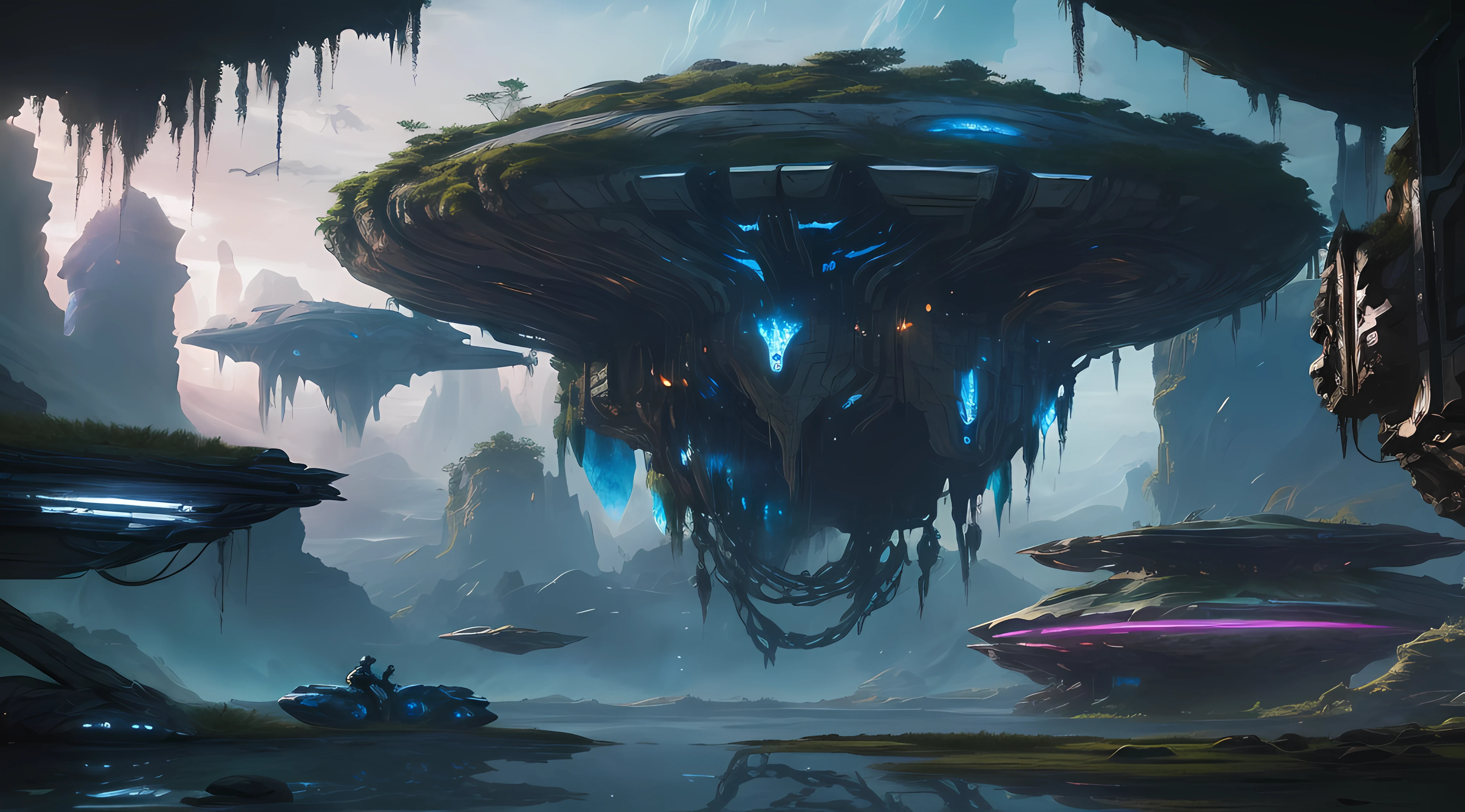 spaceships floating in a cave with a man on a motorcycle, mystical sci-fi concept art, epic fantasy sci fi illustration, sci-fi fantasy wallpaper, sci fi alien world, concept art wallpaper 4k, lush alien landscape, concept art 8 k, sci-fi fantasy art, epic scifi fantasy art, alien environment, sci fi artwork, sci-fi landscape