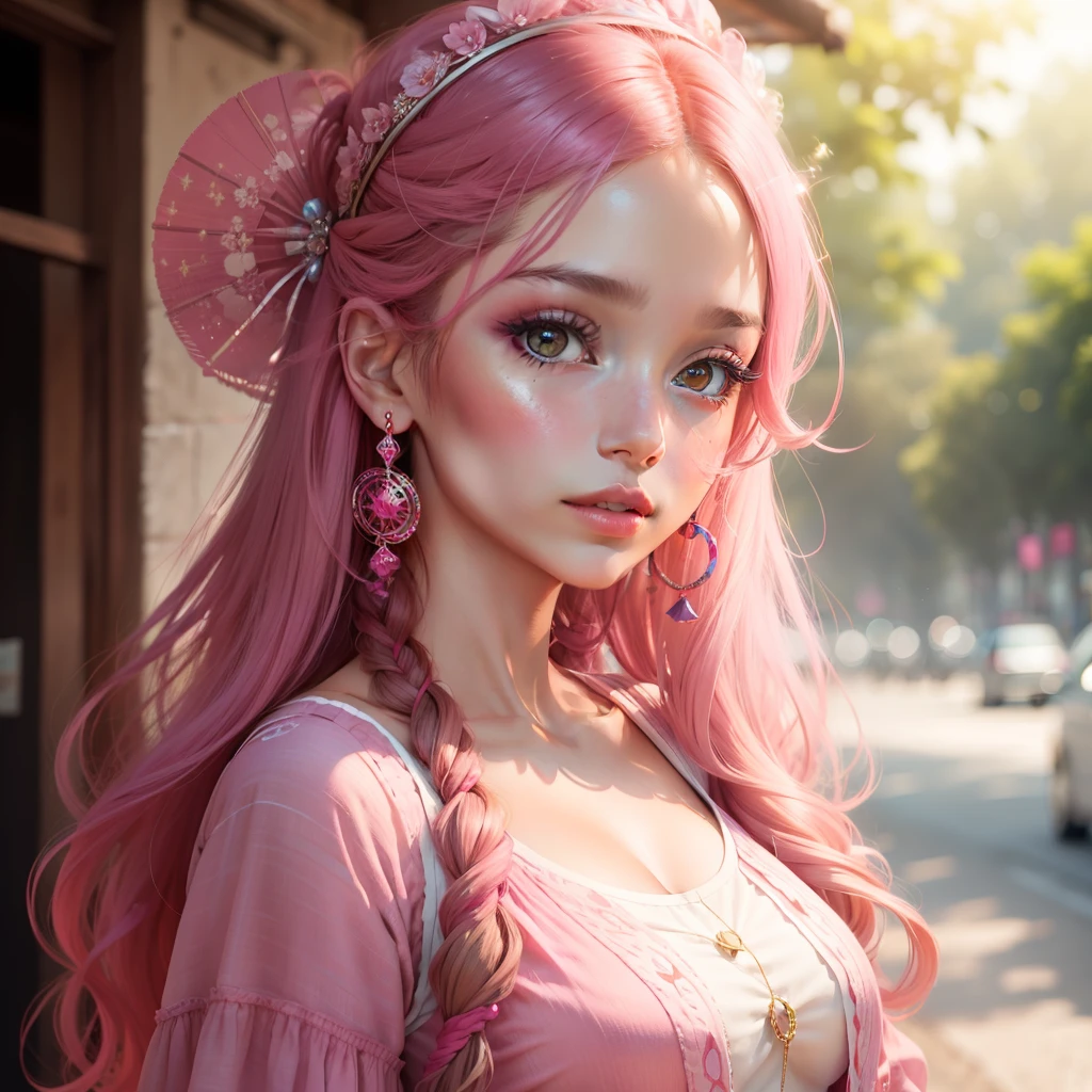 A morden Girl, pink theme, sparkling simple make up, sparkling face, sparkling lips, hippie clothes, high quality pictures
