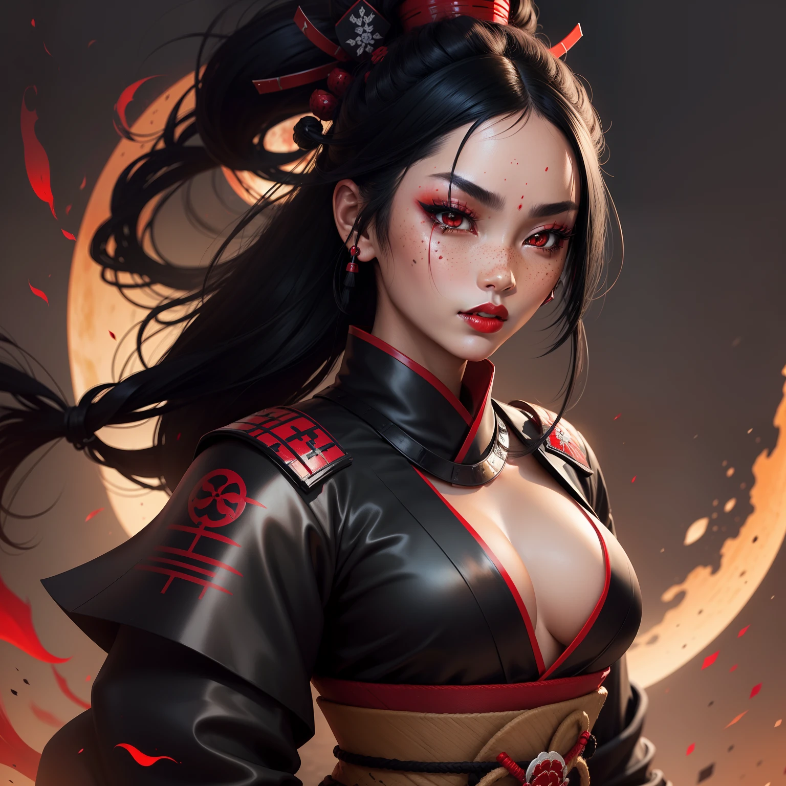 Female samurai warrior, jet black hair, dark skinned tanned, red black, bright moon, freckles on the face, red lipstick, full body, no extra hair, diamond shaped face, cover top, black eyeballs, geisha warrior