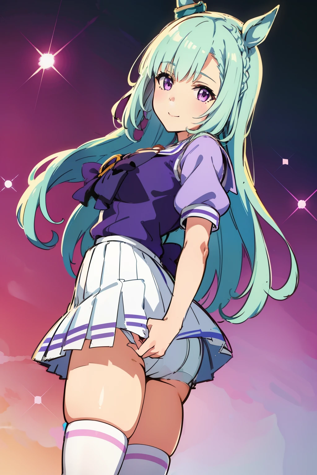 mejiro ardan \(Umamusume\),(Chibi,sketch,anime colours,Cowboy Shot,facing straight at viewer,Front view:1.2),tracen school uniform, Summer uniform, serafuku, Puffy Short Sleeves, purple bowtie, Horseshoe ornament, Sailor collar, sailor shirt, Purple shirt, White skirt, Pleated skirt, frilld, Miniskirt, zettai ryouiki, white thigh highs, Brown Footwear, lowfers,medium breasts,A smile,thighs thighs thighs thighs,open arms for viewer
