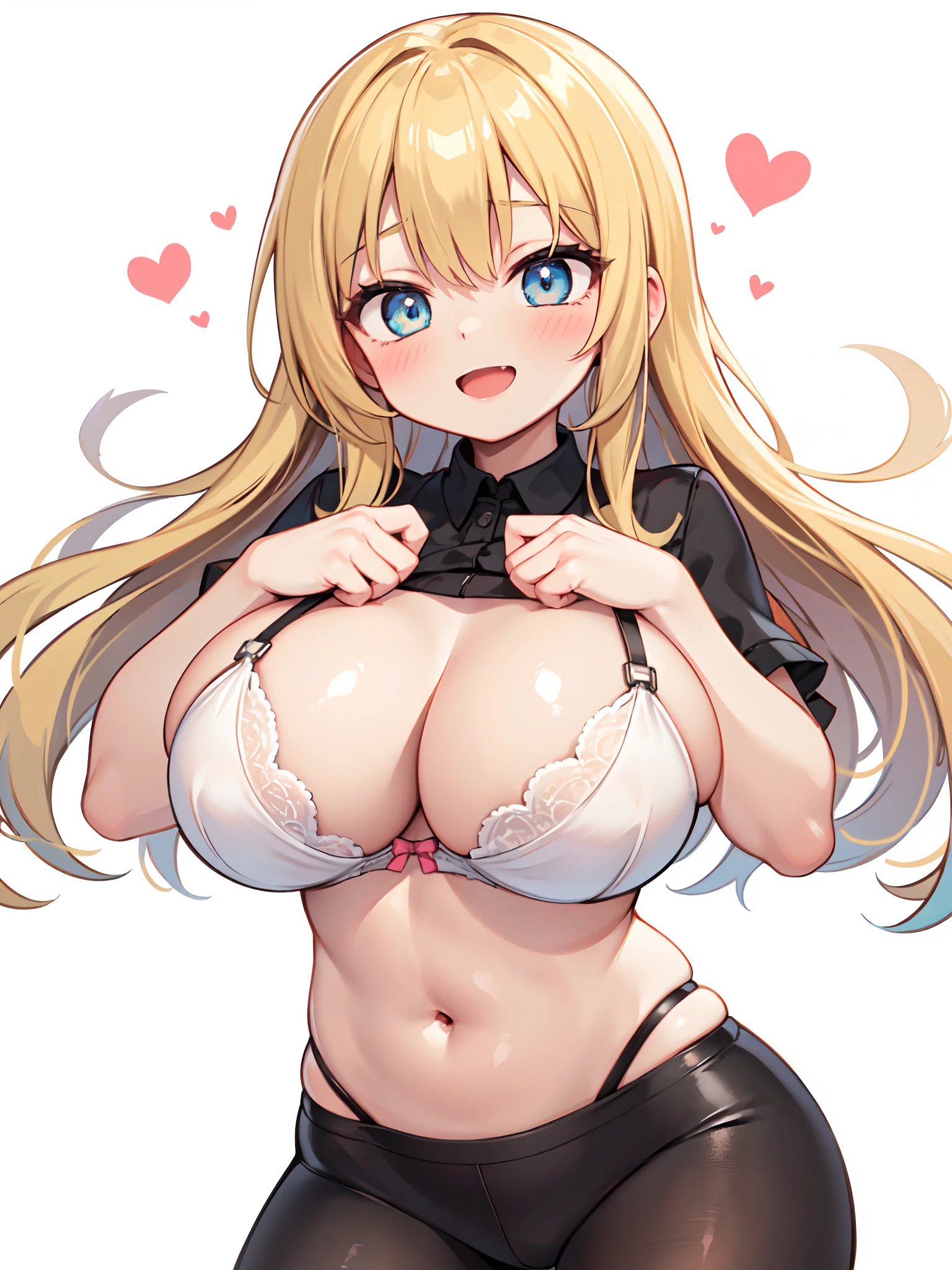 ((masterpiece)), ((best quality)), (dynamic pose nsfw), //, a cute girl, 1girl, solo, //, (SFW bra), underwear, //, beautiful Golden blonde hair, ((beautiful eyes)), white-skinned, Long curly hair, big breasts, Voluptuous body, //, blush, laughing, cowboy shot, gradation, //, heart monogram pattern of white background, //, shiny-glistening, shiny body, gleaming