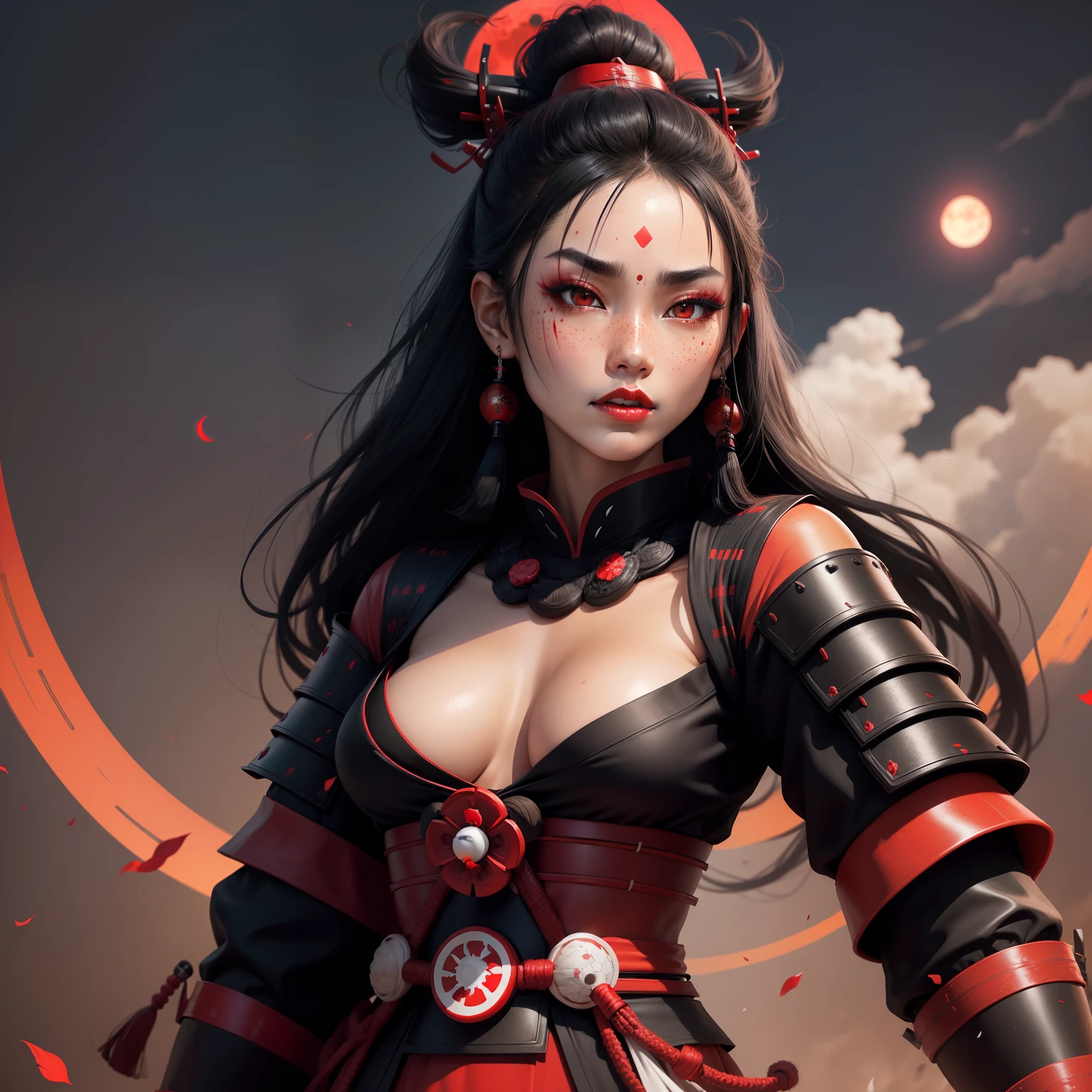 Female samurai warrior, jet black hair, dark skinned tanned, red black, bright moon, freckles on the face, red lipstick, full body, no extra hair, diamond shaped face, cover top, black eyeballs, geisha warrior