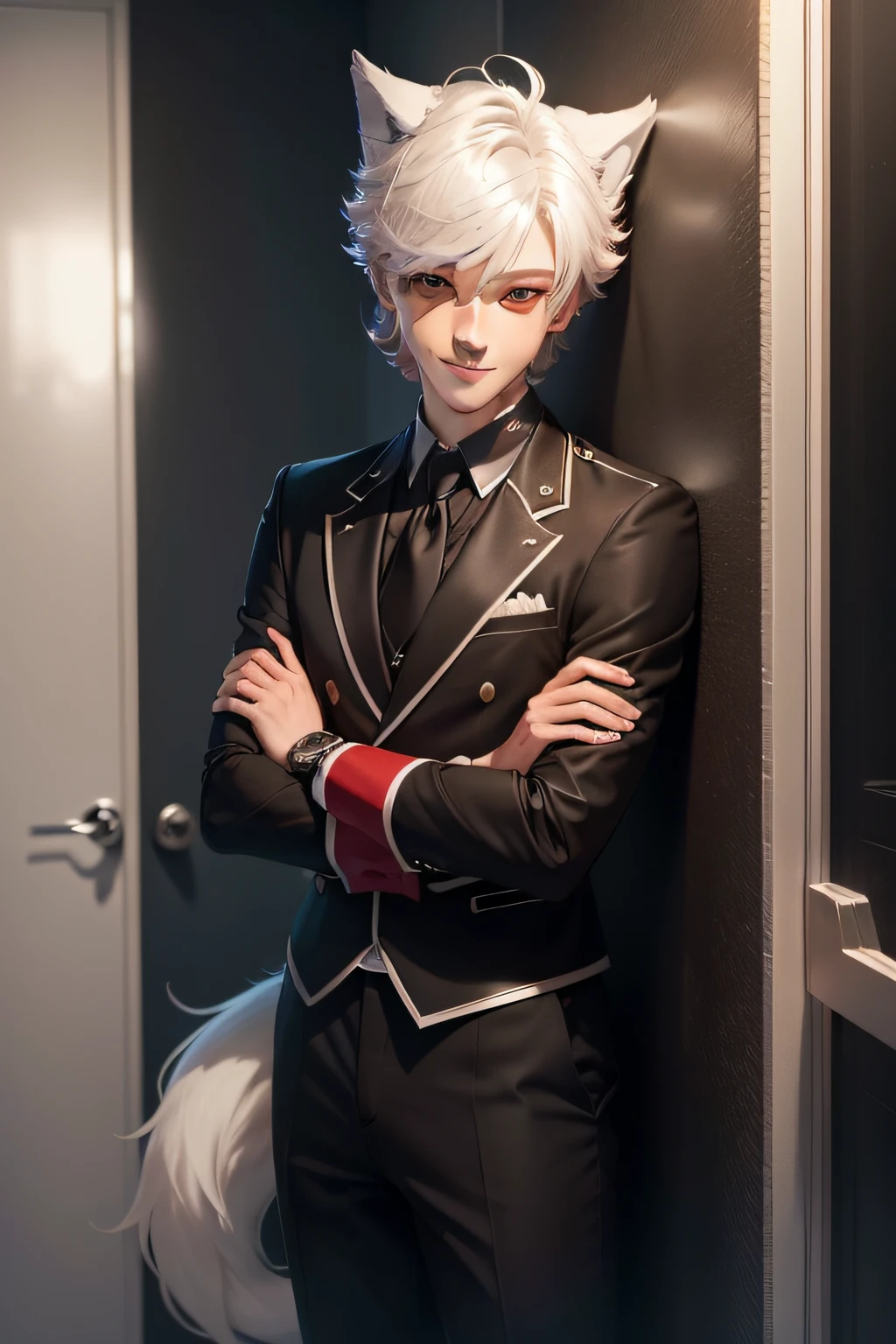 "(In the corner,ssmile,A 185cm tall high school boy with wolf's tail hairstyle)"